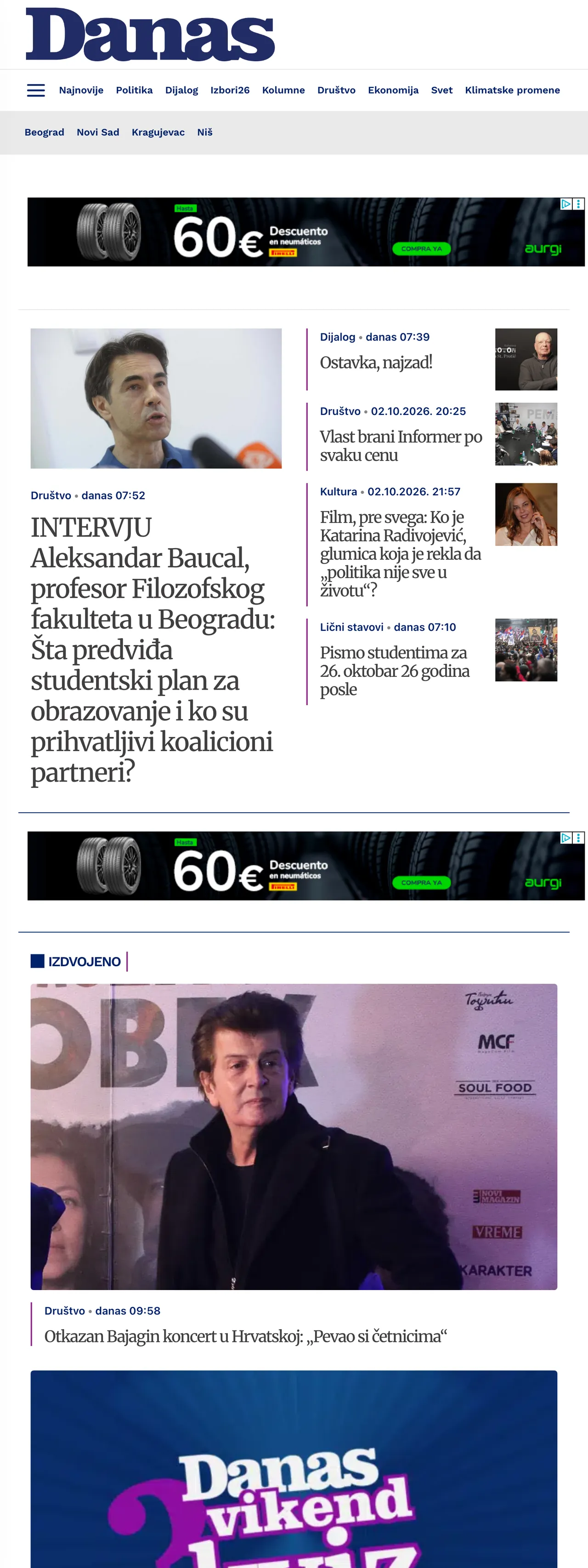 Screenshot of the Danas front page