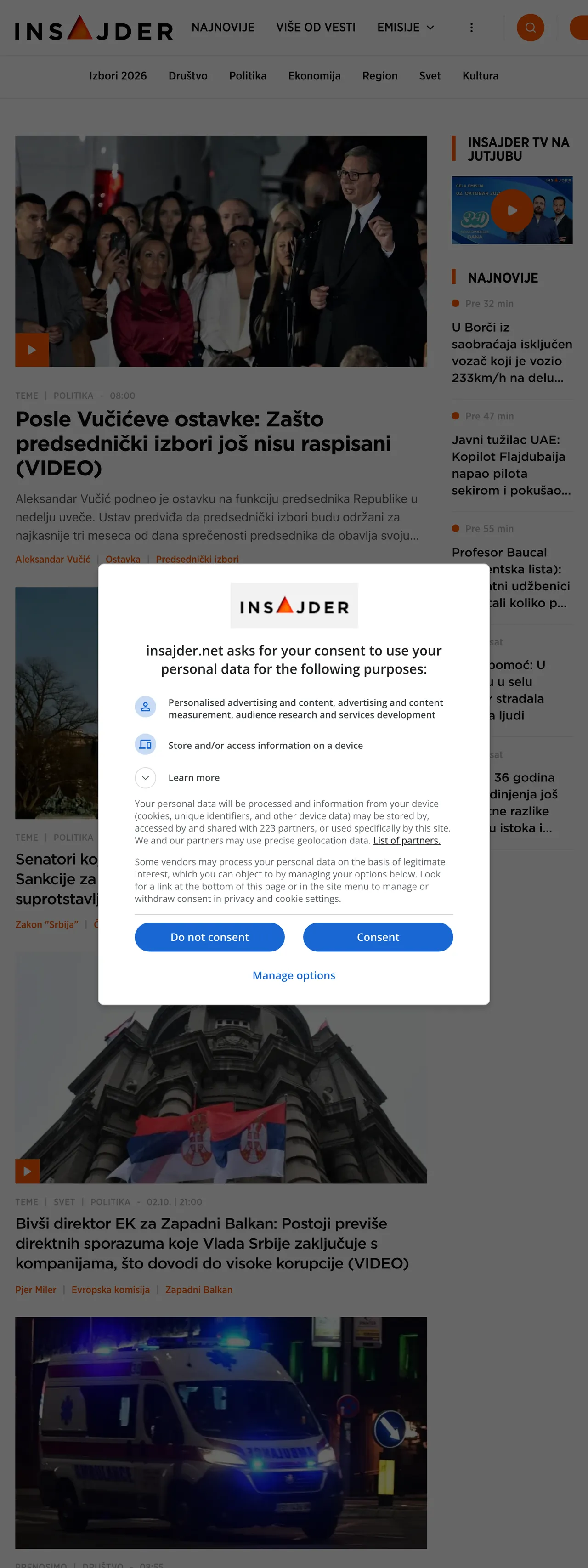 Screenshot of the Insajder front page