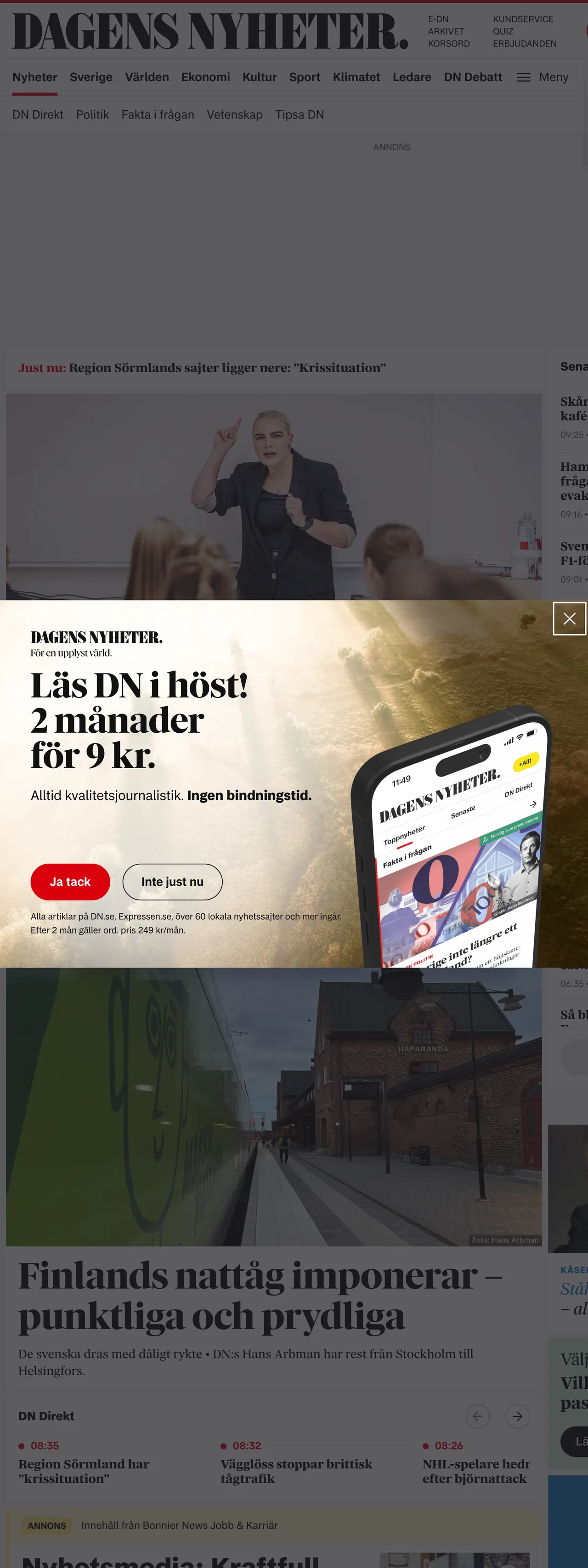 Screenshot of the Dagens Nyheter front page