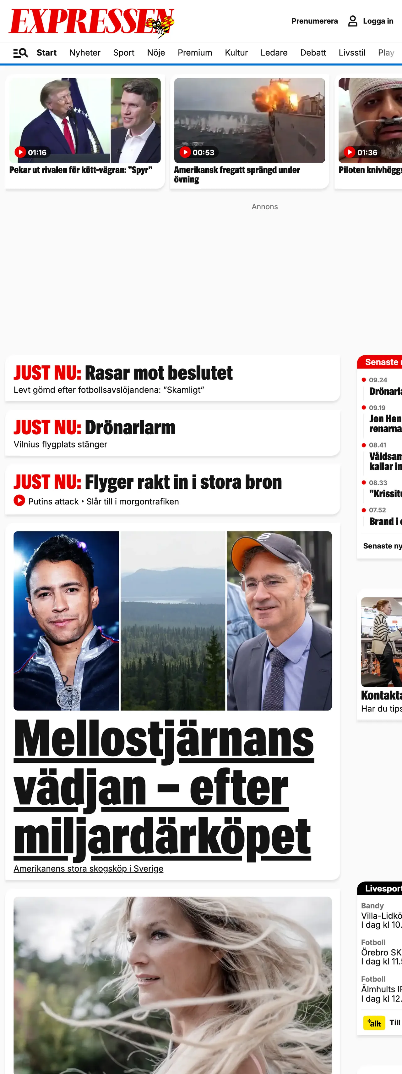 Screenshot of the Expressen front page