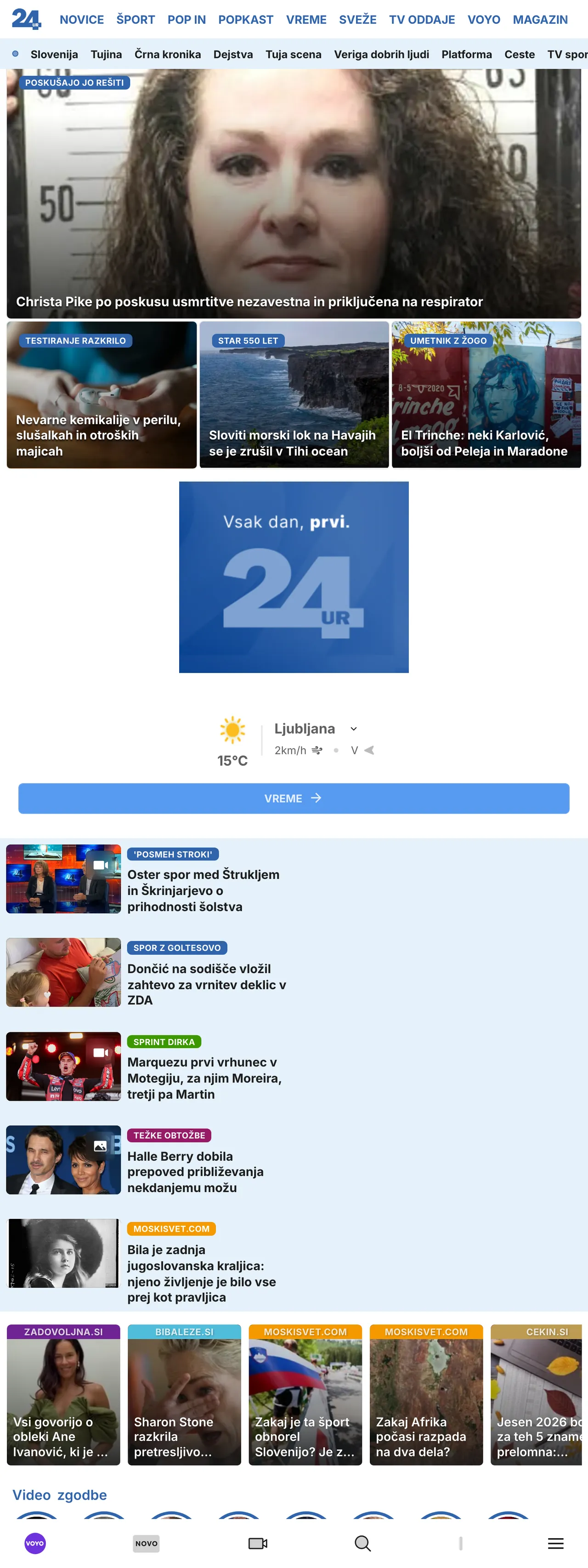 Screenshot of the 24ur front page