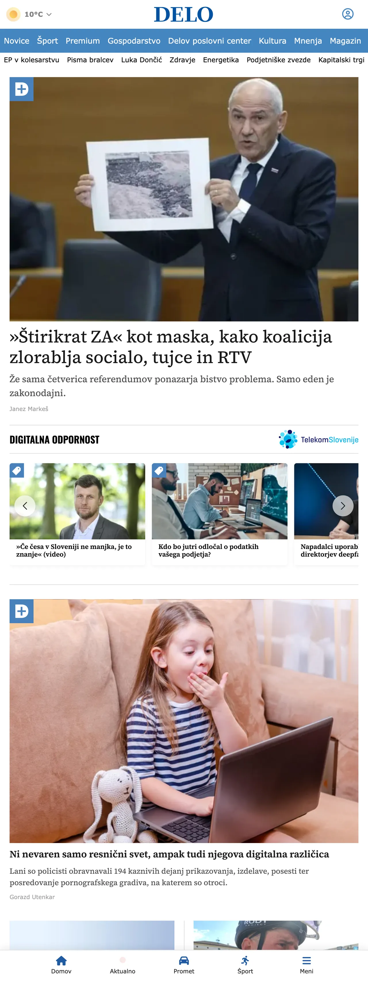 Screenshot of the Delo front page