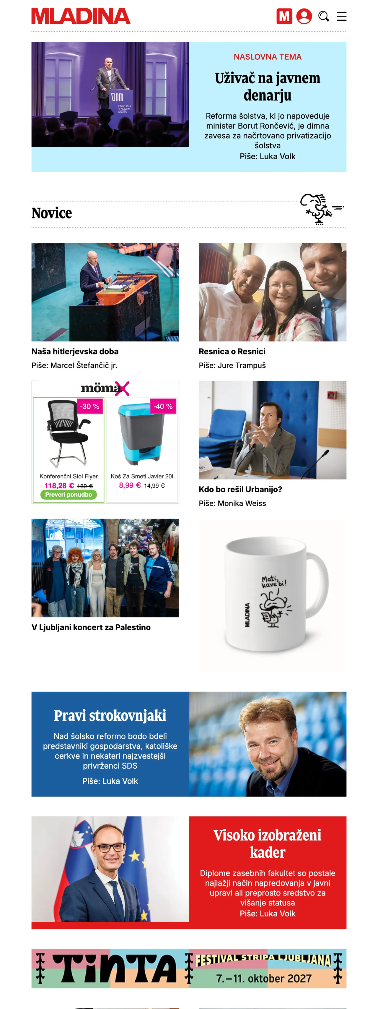 Screenshot of the Mladina front page