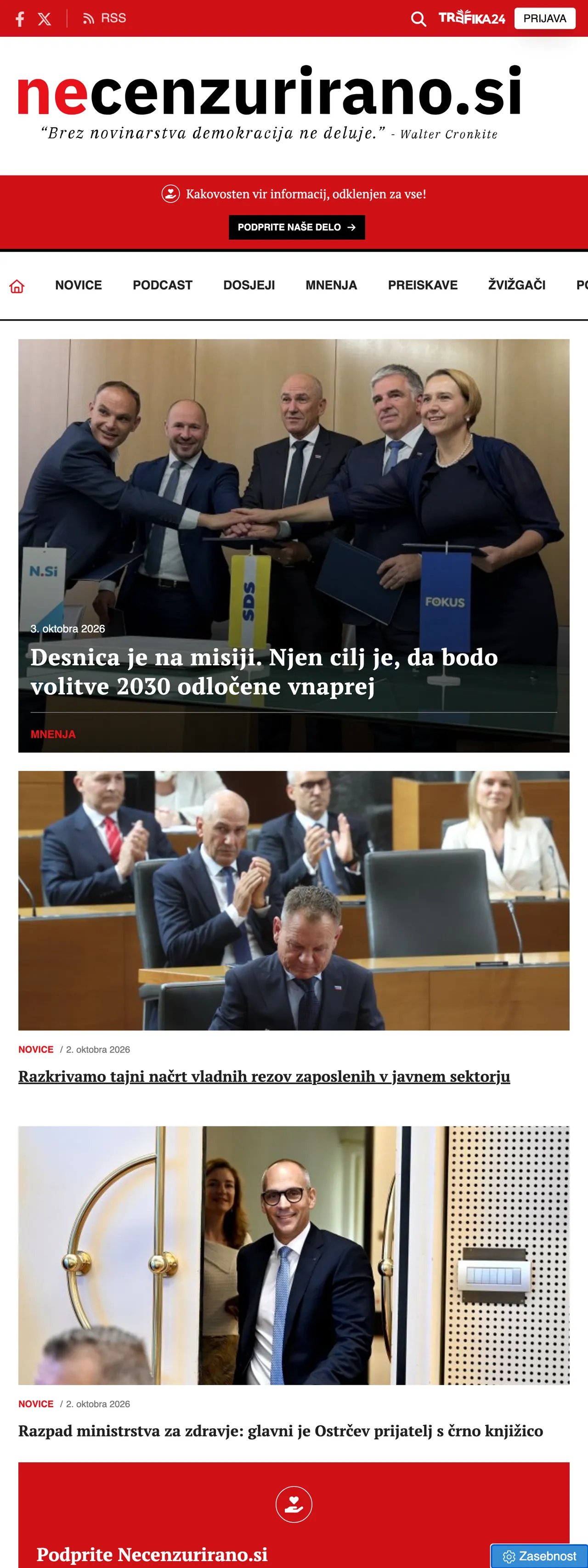 Screenshot of the Necenzurirano front page