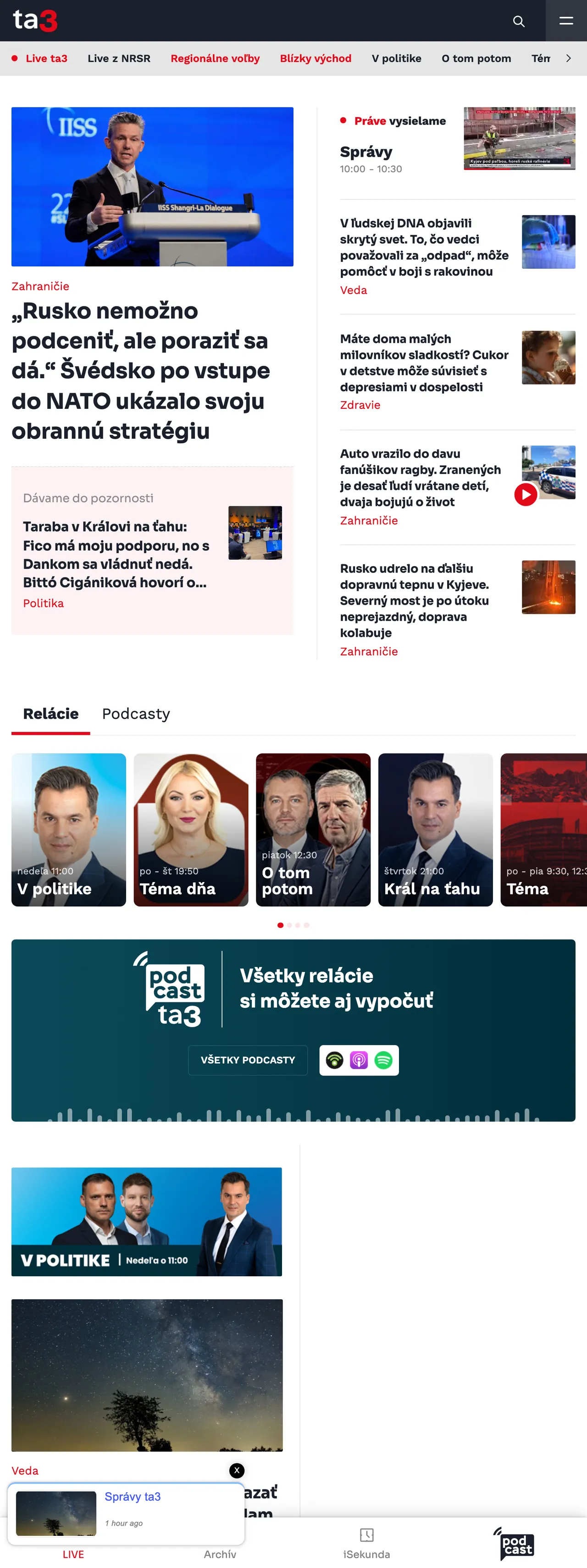 Screenshot of the TA3 front page