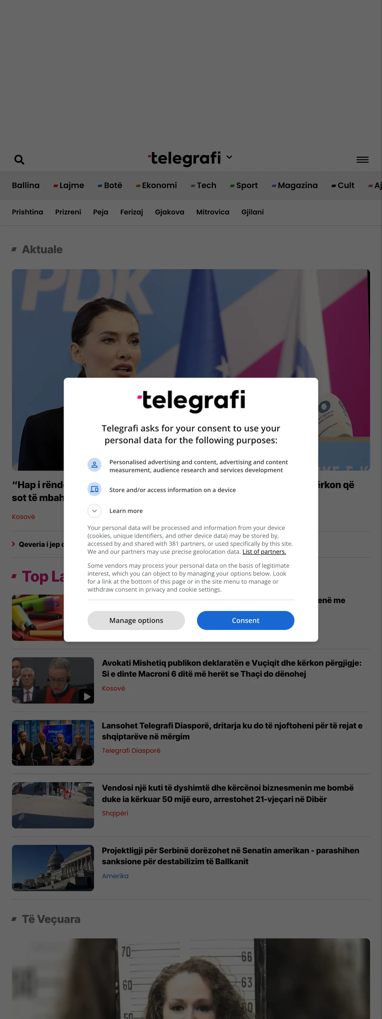 Screenshot of the Telegrafi front page