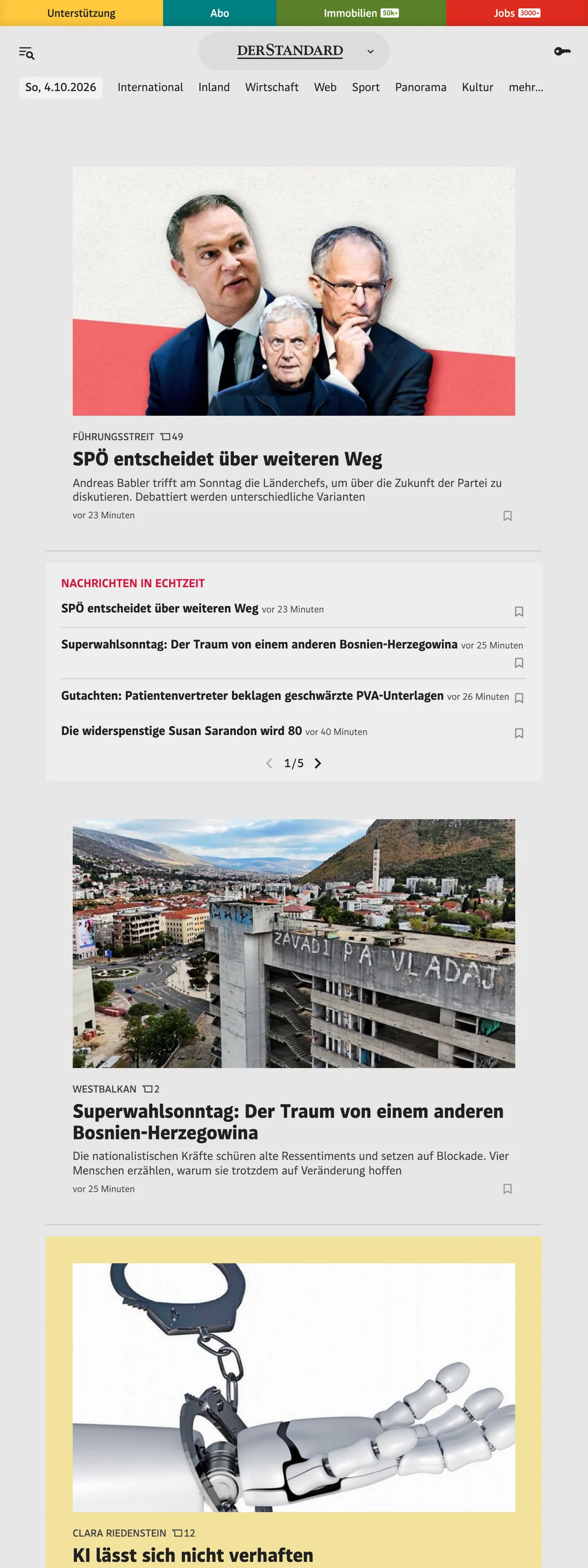 Screenshot of the DER STANDARD front page
