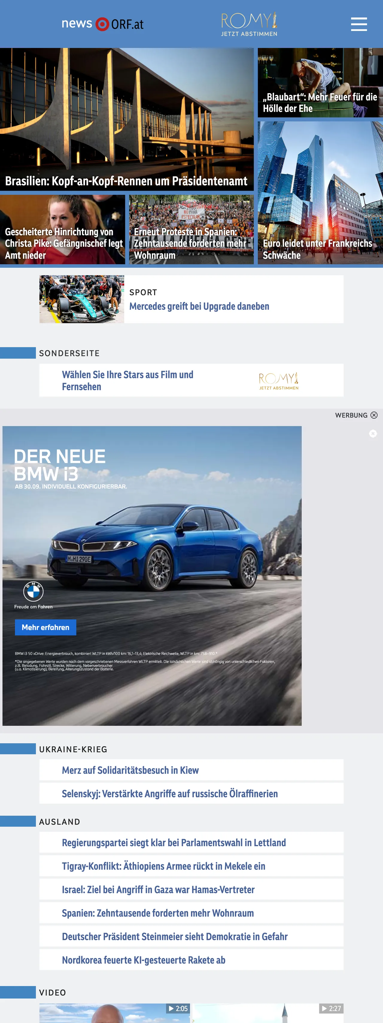 Screenshot of the ORF front page