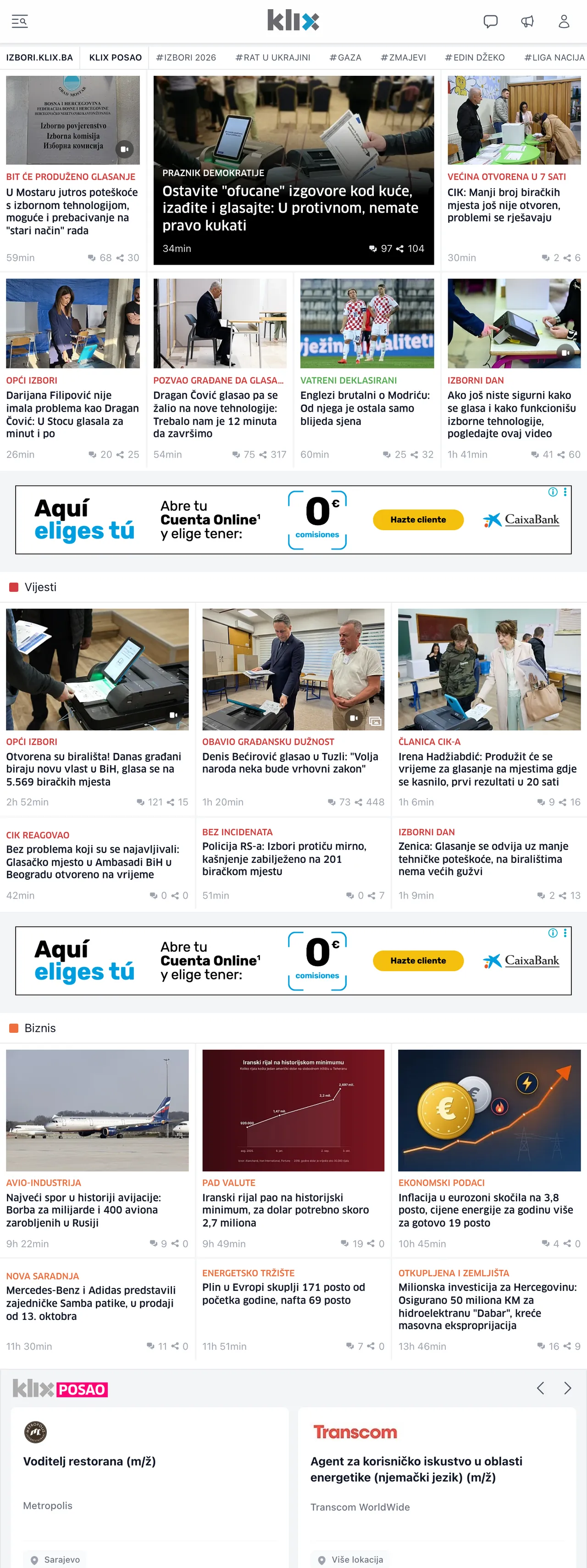 Screenshot of the Klix.ba front page