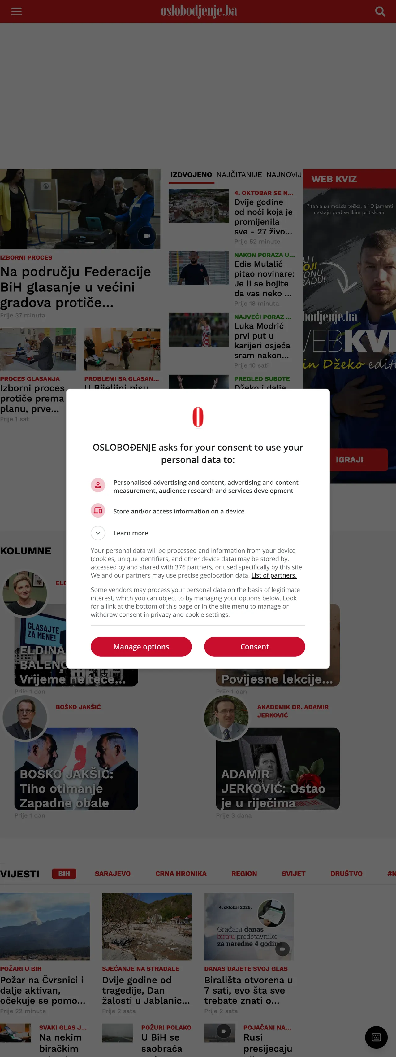 Screenshot of the Oslobođenje front page