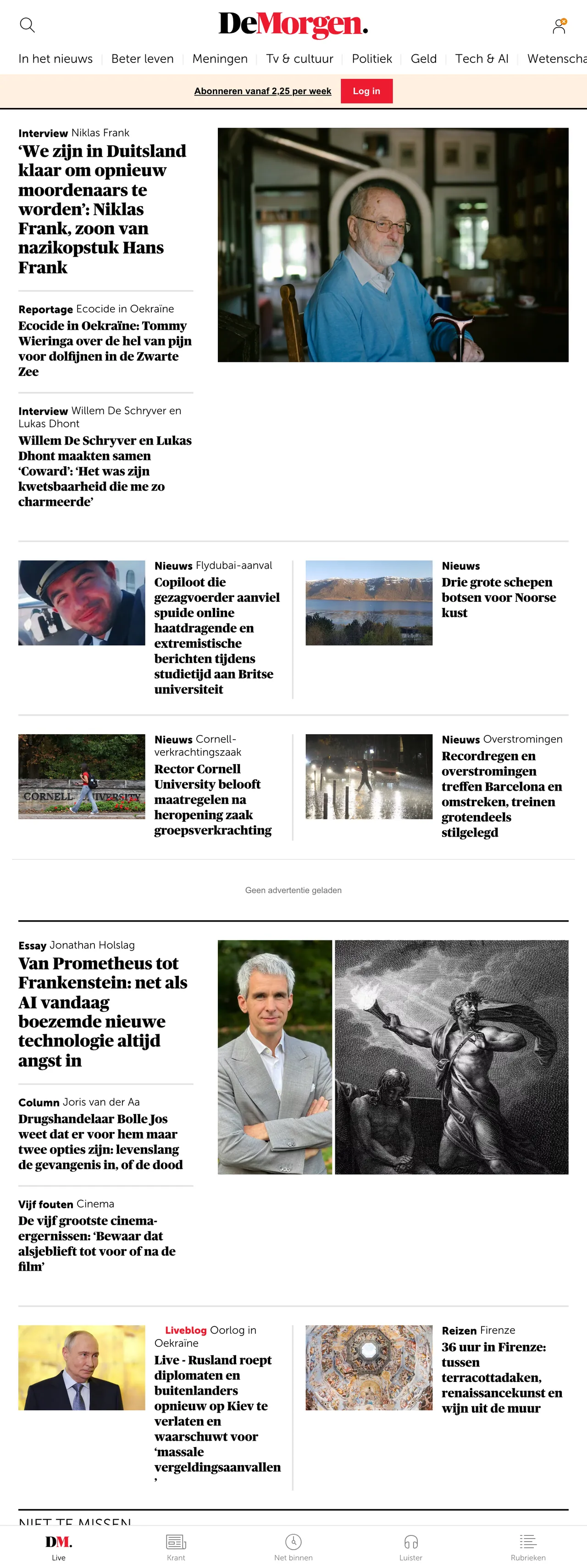 Screenshot of the De Morgen front page