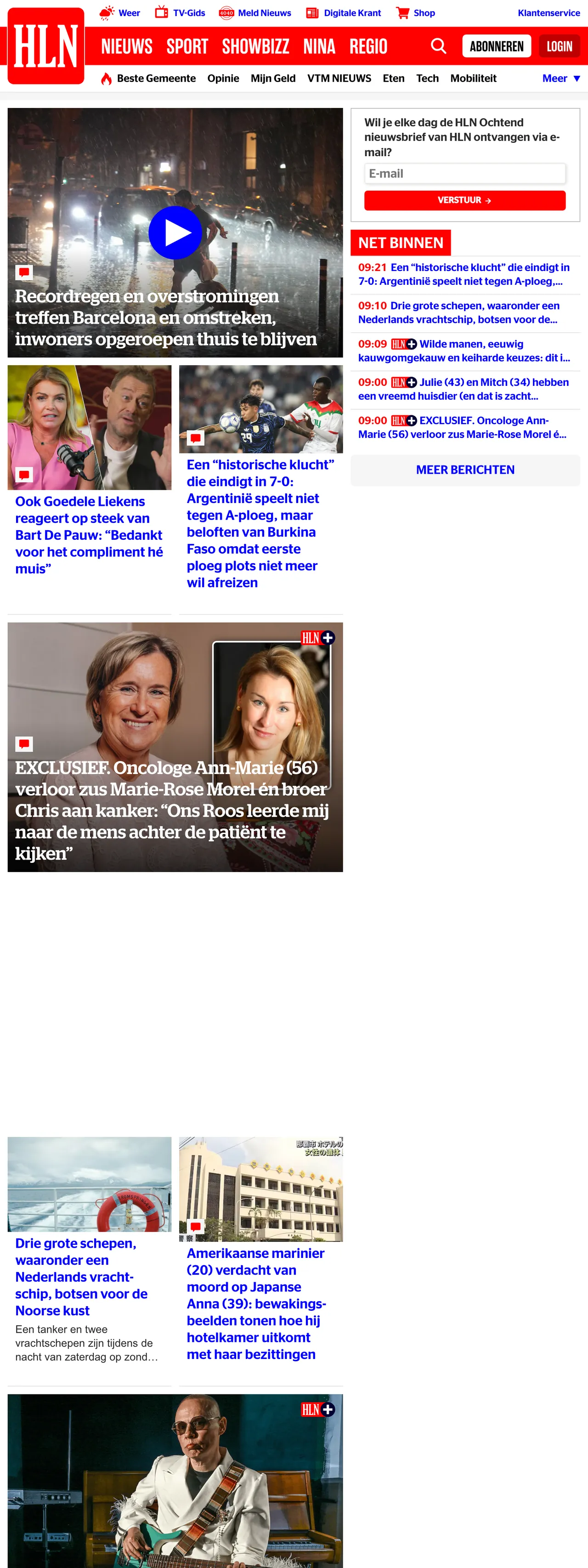 Screenshot of the HLN front page
