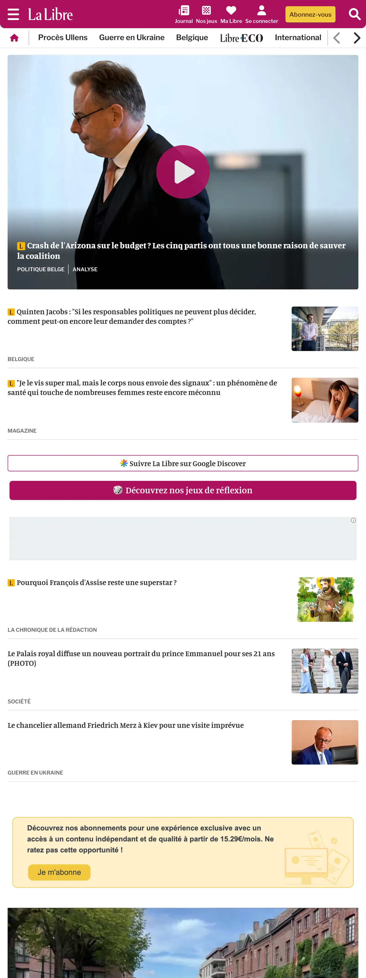 Screenshot of the La Libre front page