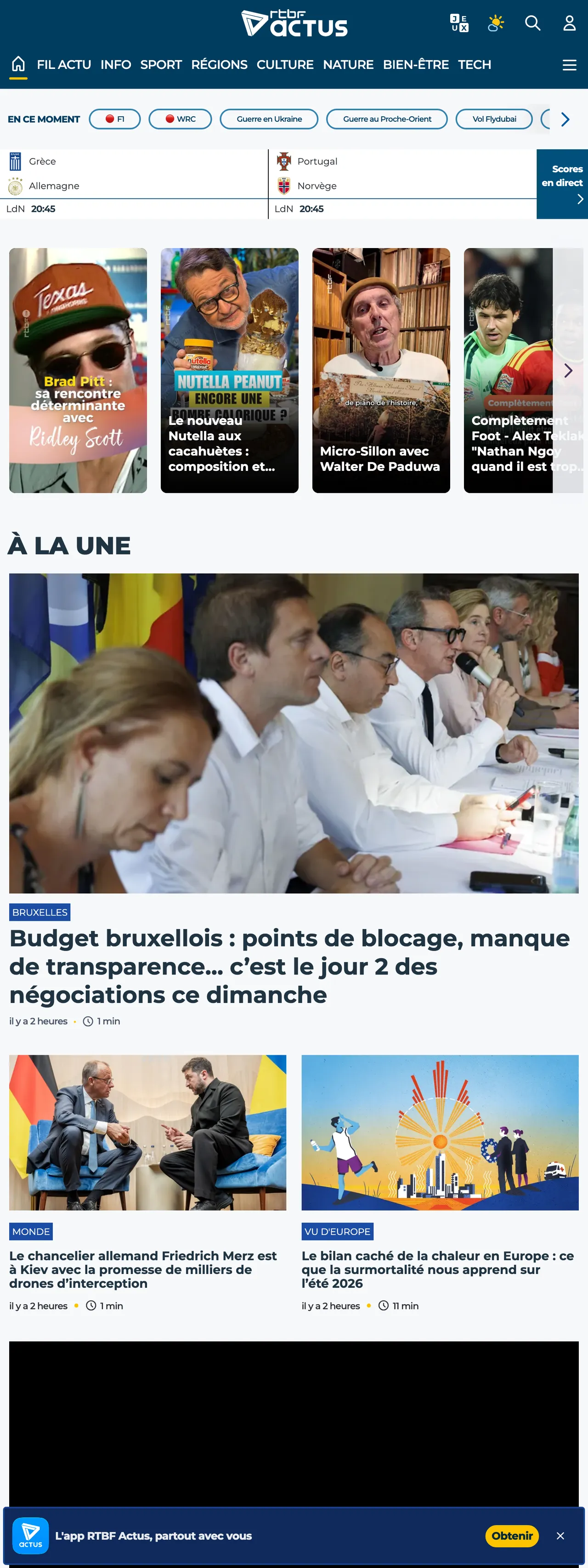 Screenshot of the RTBF front page