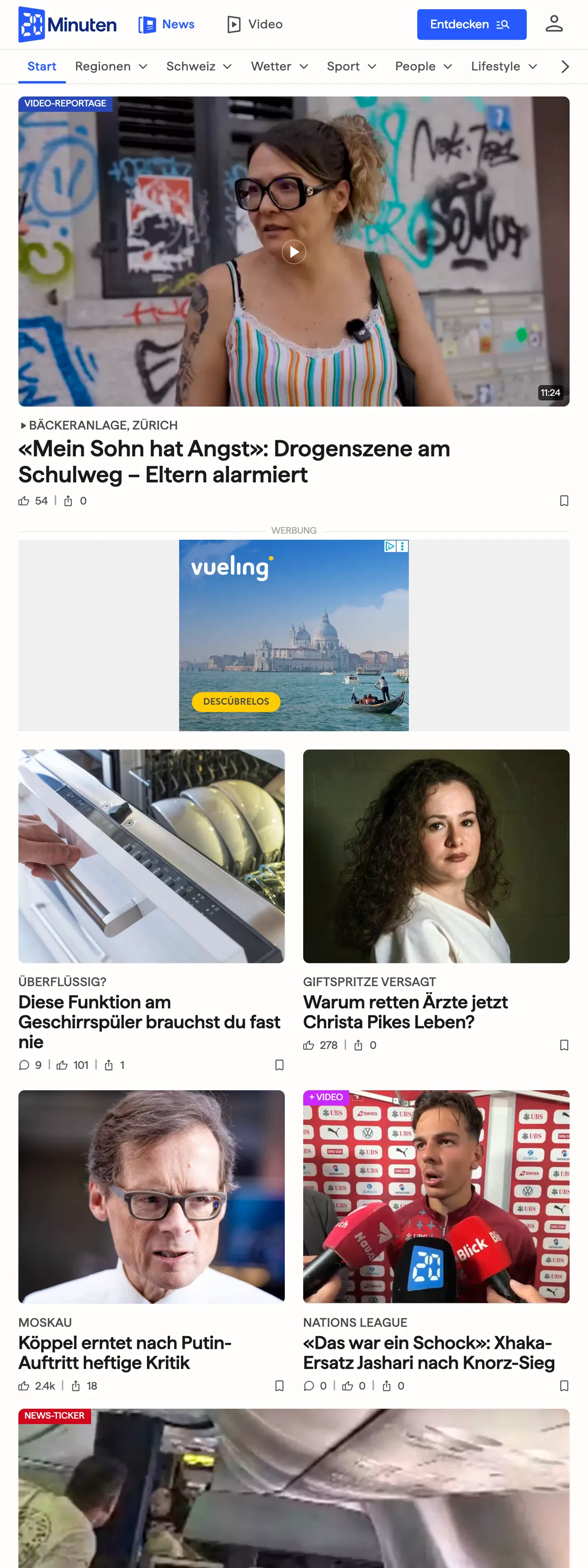 Screenshot of the 20 Minuten front page