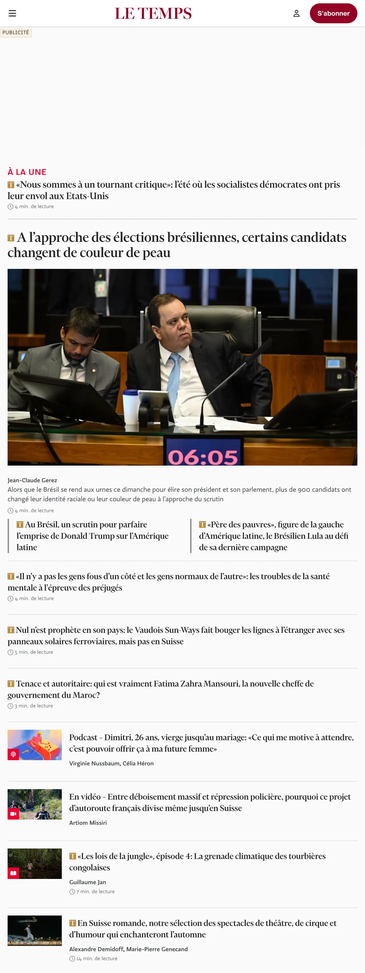Screenshot of the Le Temps front page