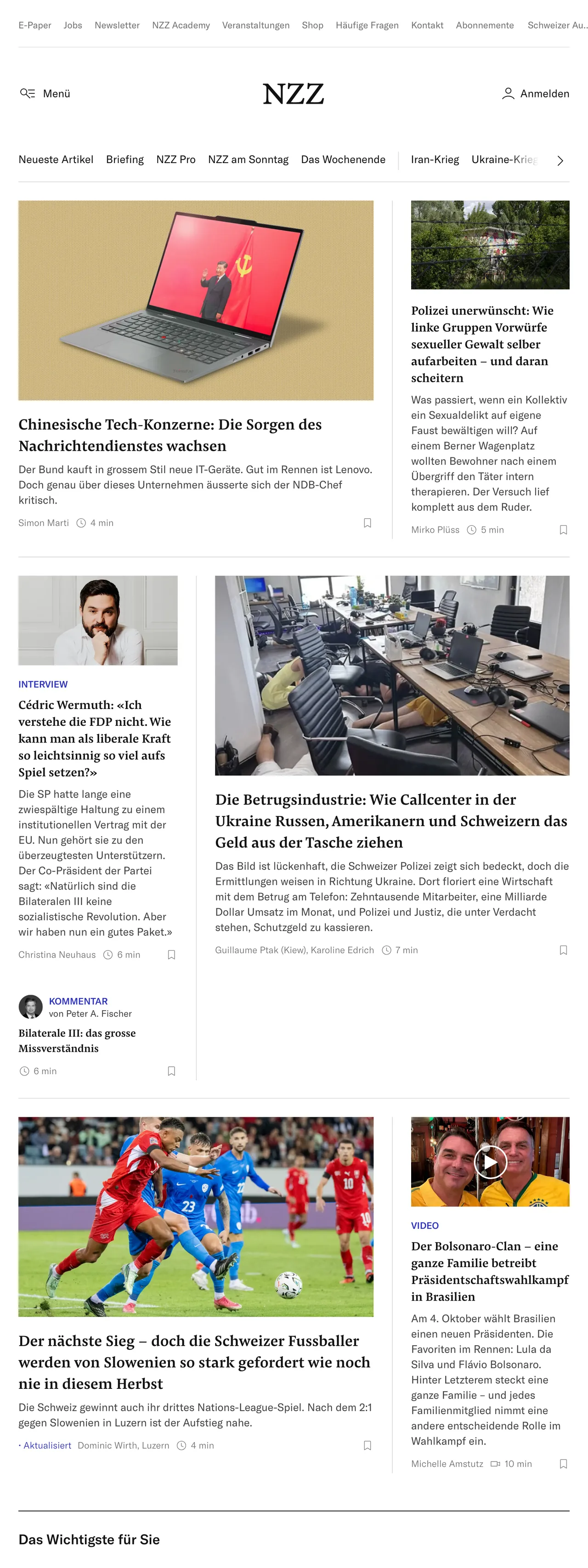 Screenshot of the Neue Zürcher Zeitung front page