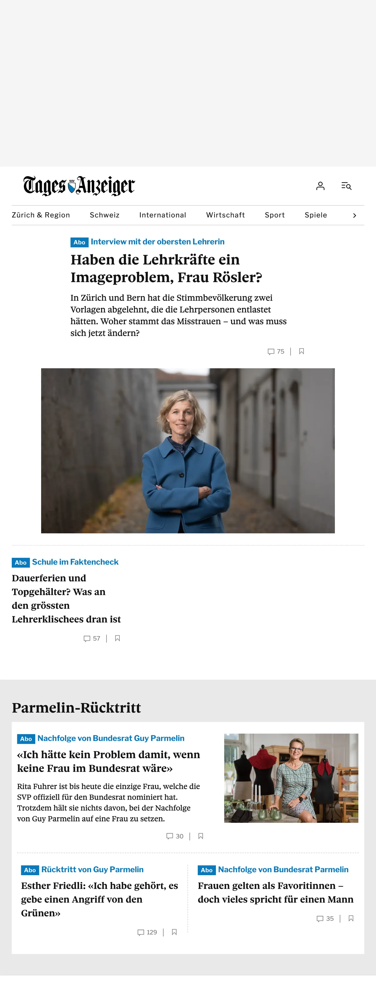Screenshot of the Tages-Anzeiger front page