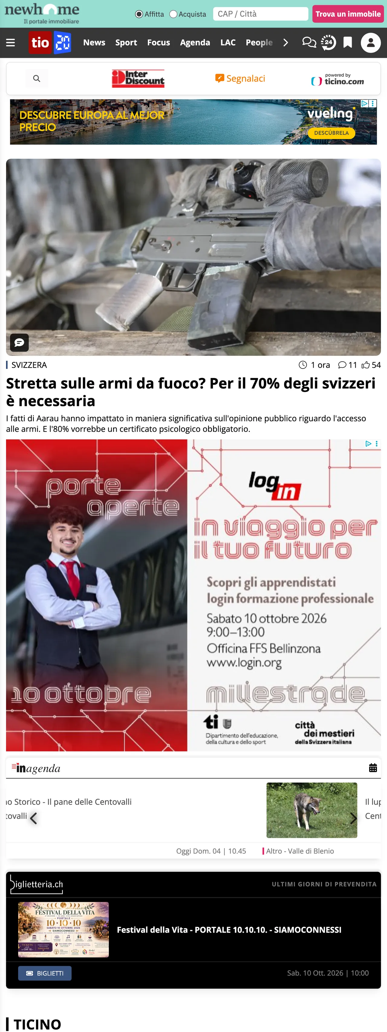 Screenshot of the Ticinonline front page