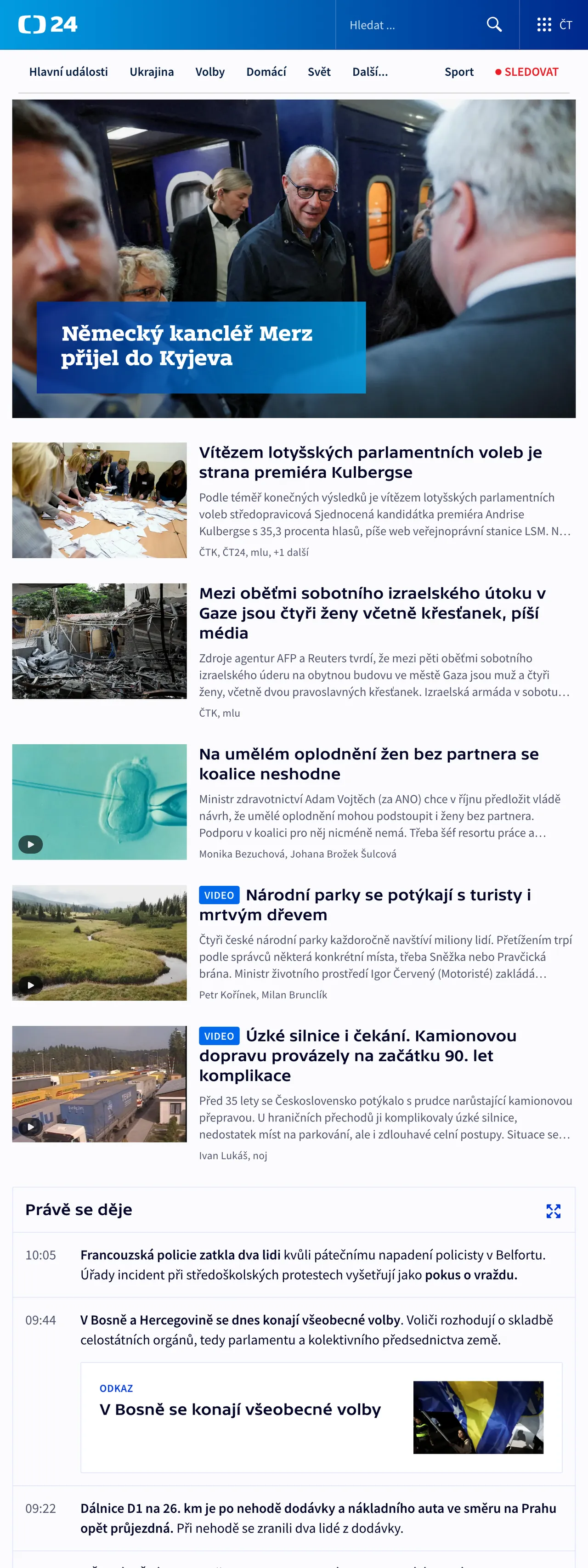 Screenshot of the ČT24 front page