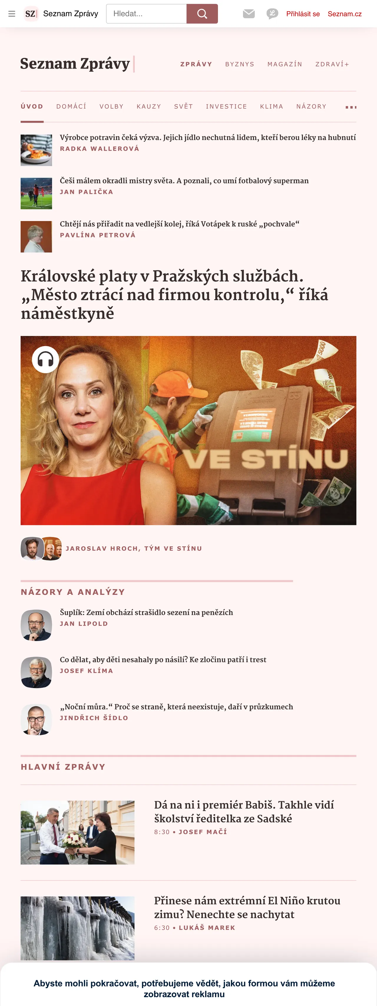 Screenshot of the Seznam Zprávy front page