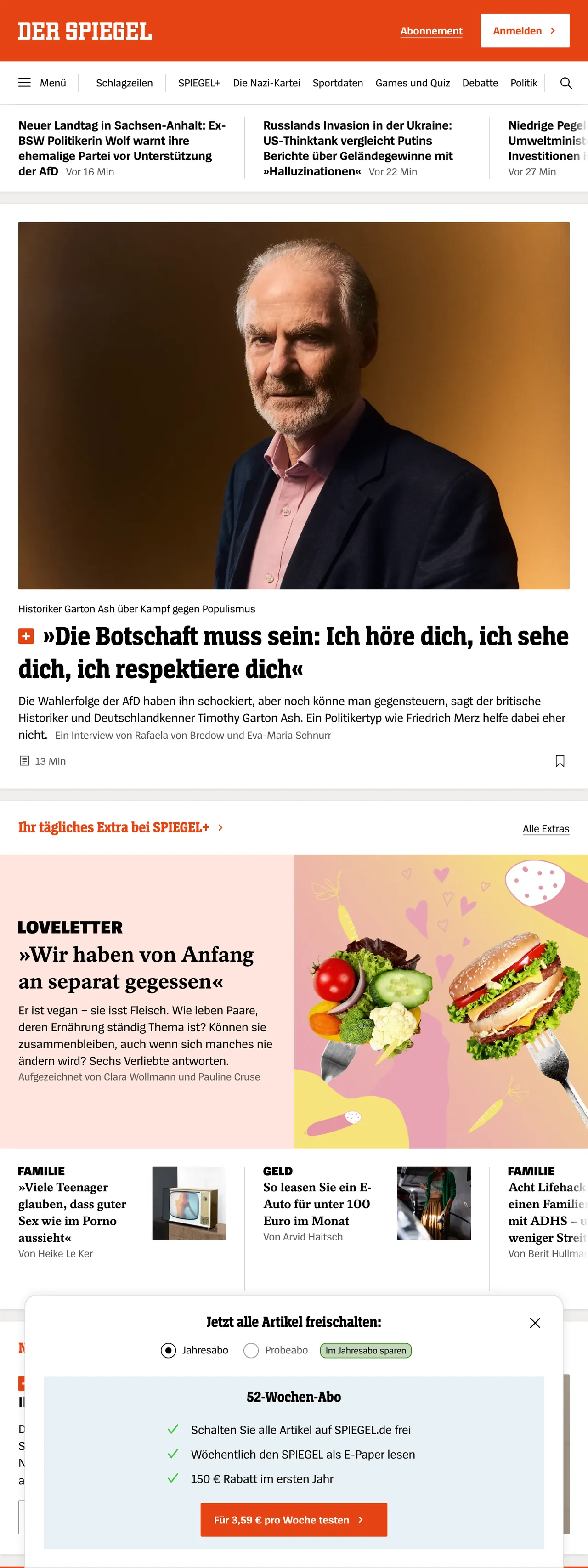 Screenshot of the DER SPIEGEL front page