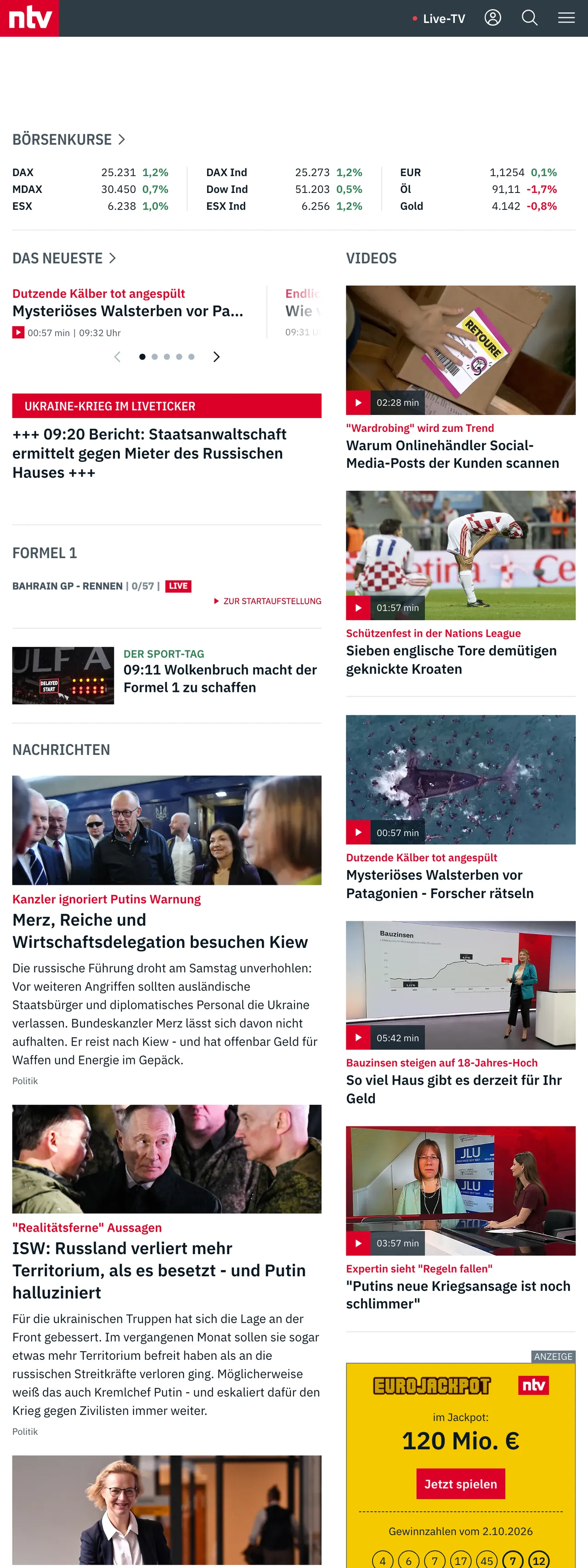 Screenshot of the n-tv front page