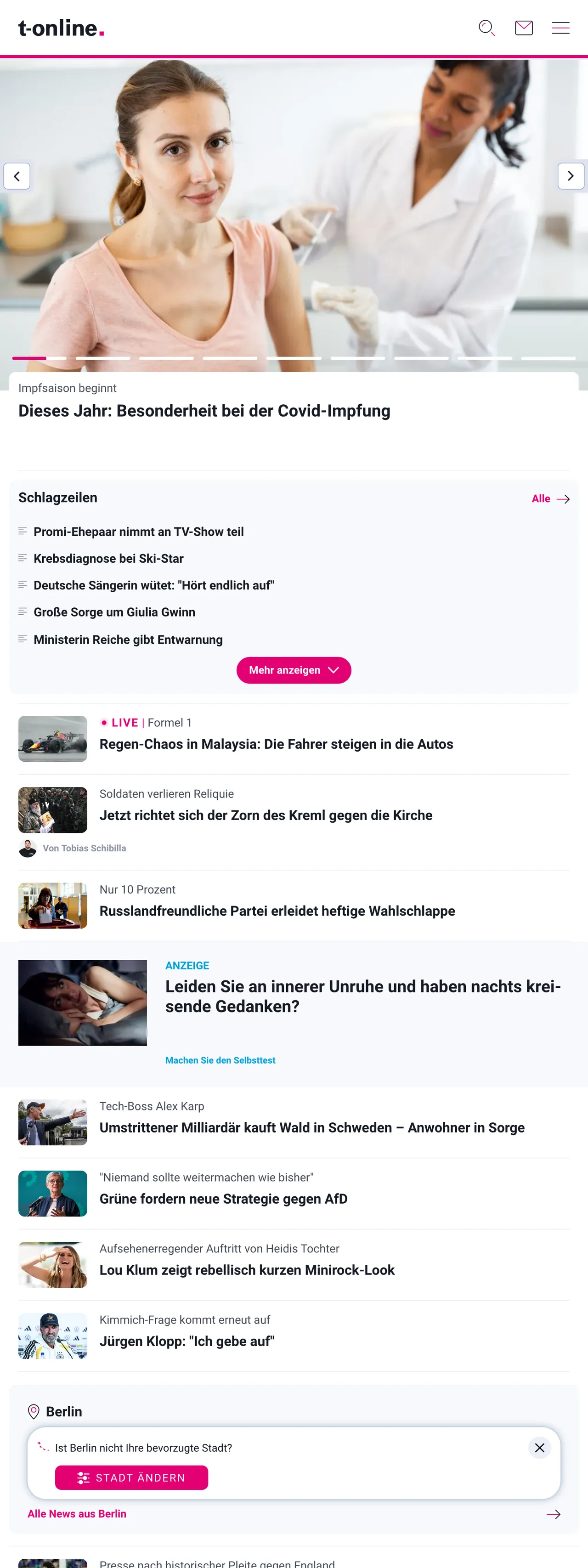 Screenshot of the t-online front page