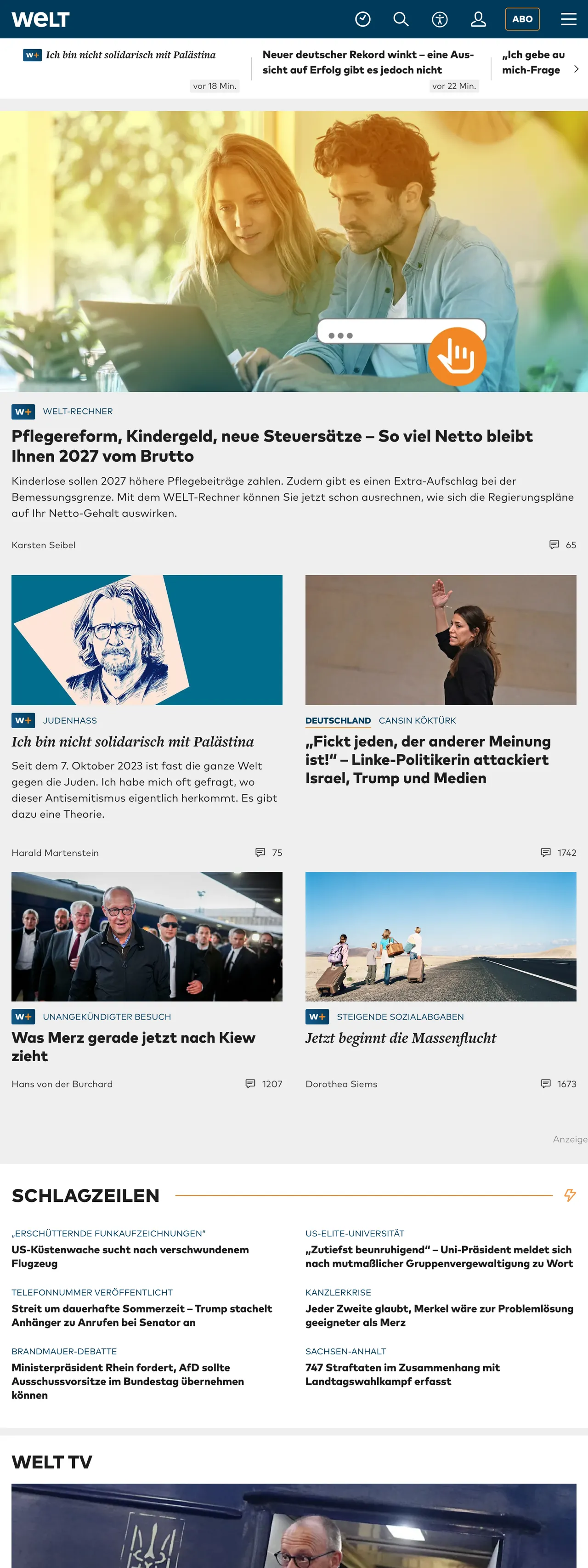 Screenshot of the WELT front page