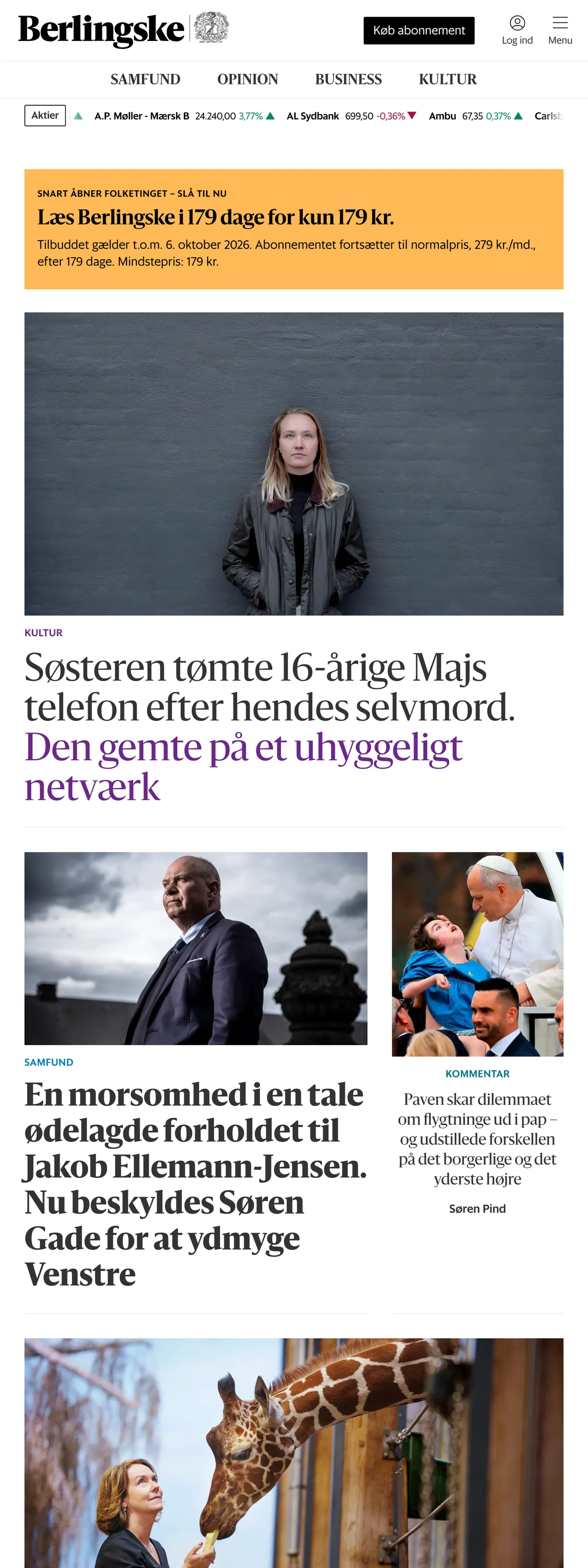 Screenshot of the Berlingske front page