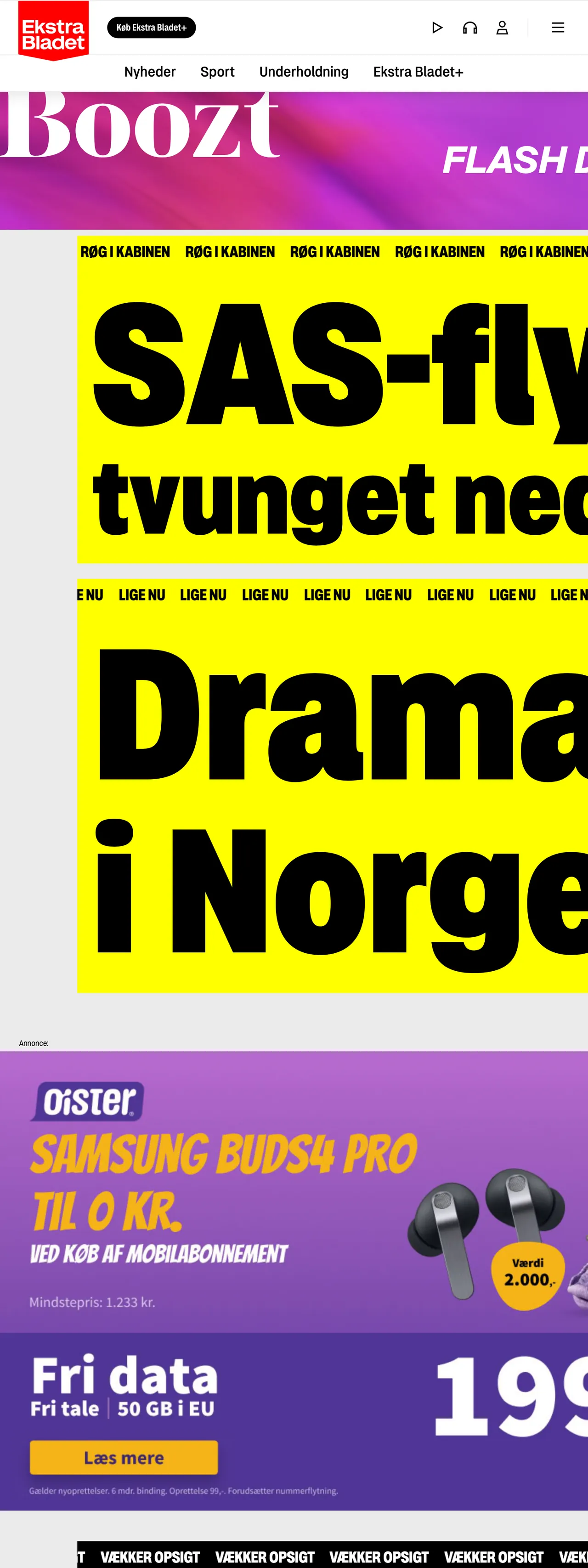 Screenshot of the Ekstra Bladet front page