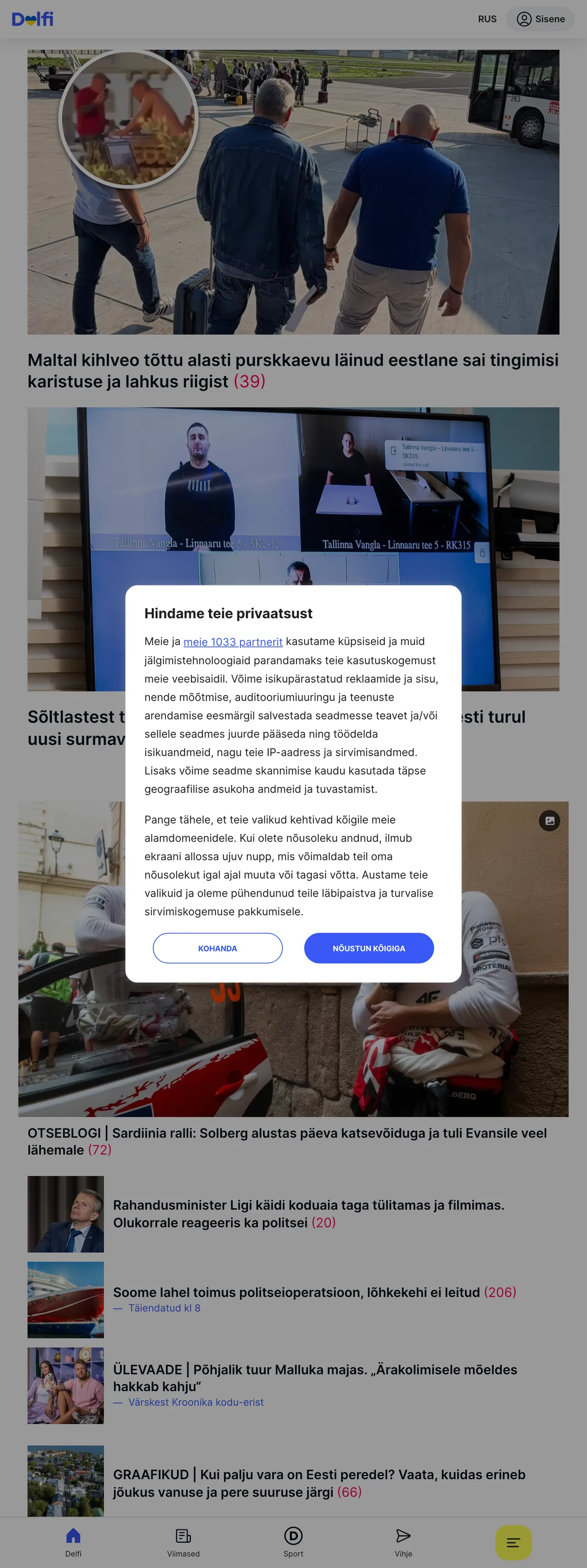 Screenshot of the Delfi front page