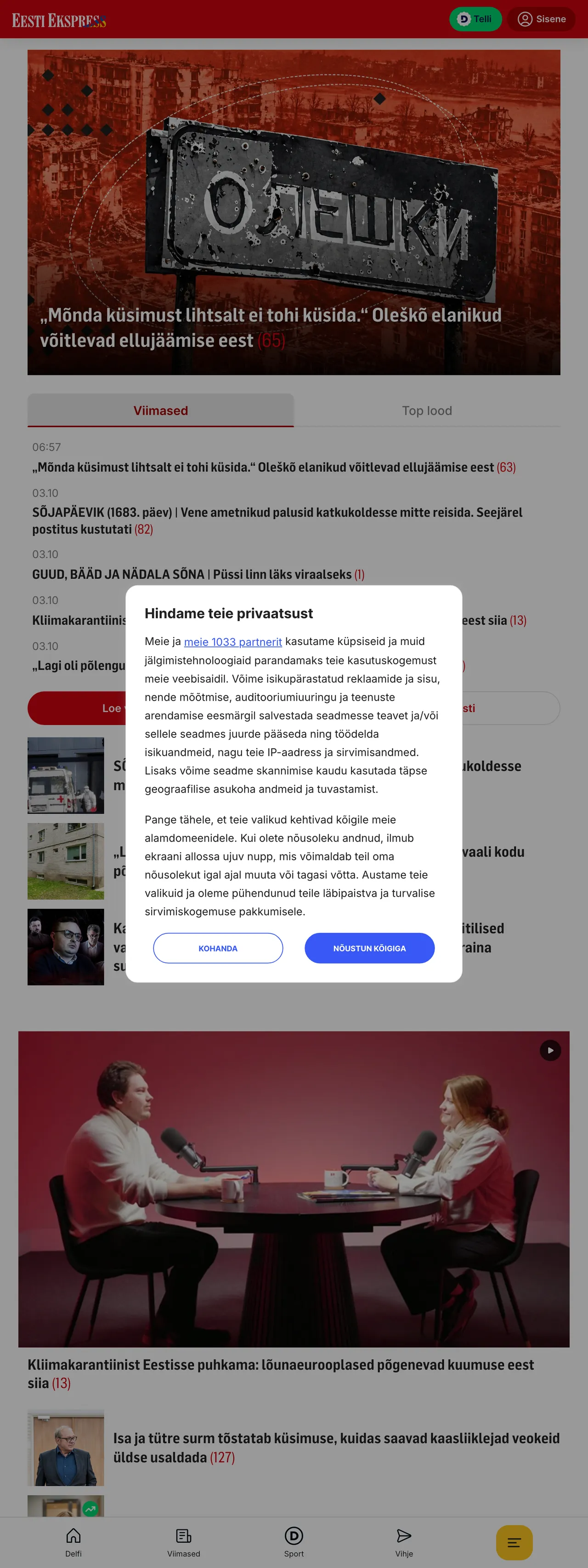 Screenshot of the Eesti Ekspress front page