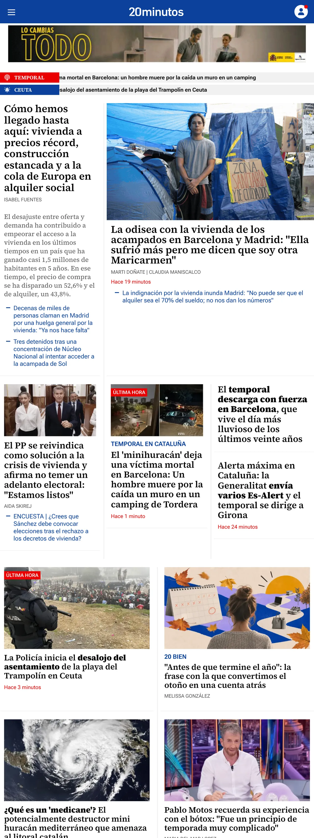 Screenshot of the 20minutos front page