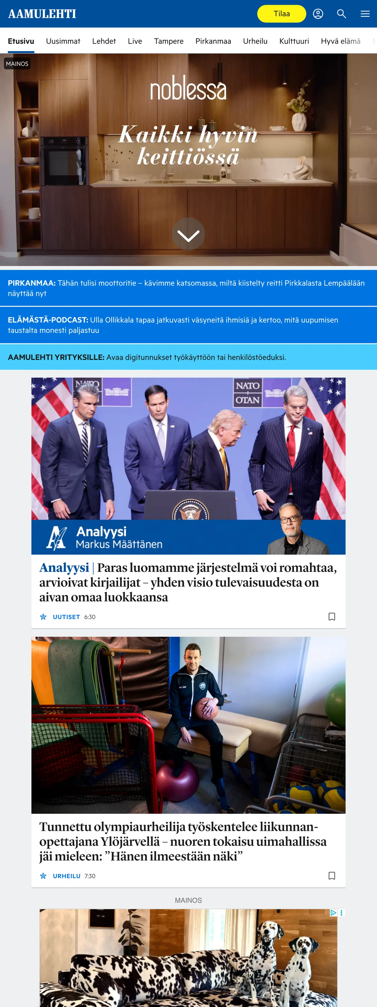 Screenshot of the Aamulehti front page