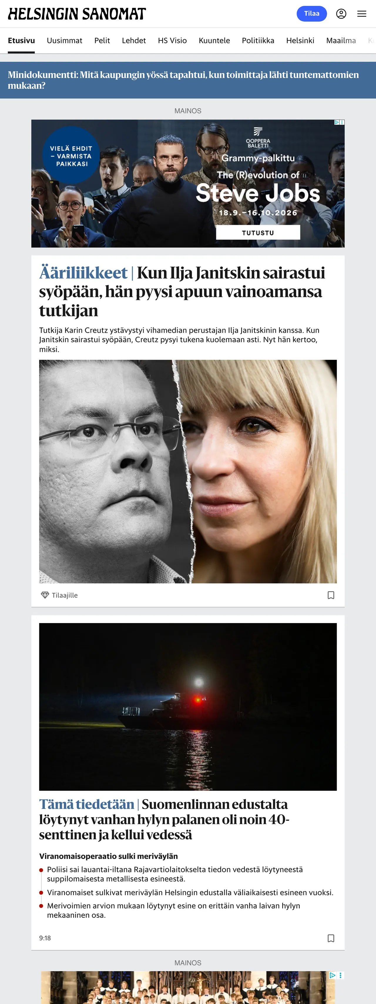 Screenshot of the Helsingin Sanomat front page