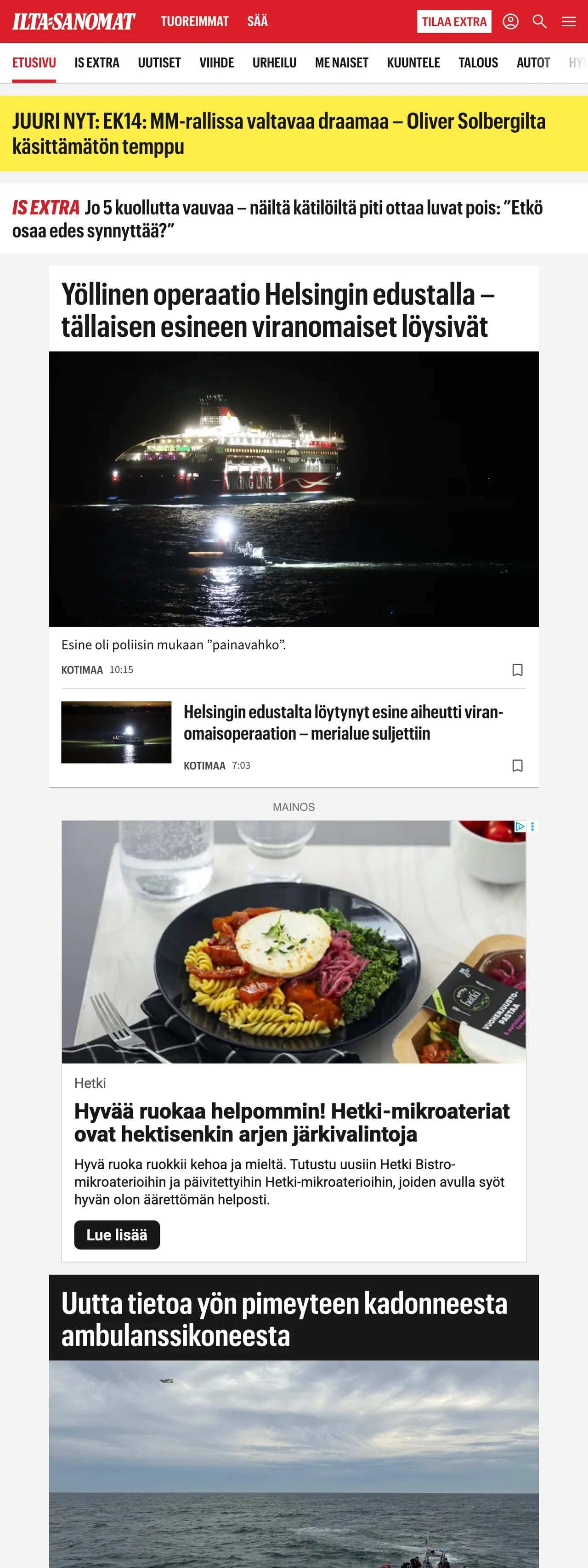 Screenshot of the Ilta-Sanomat front page