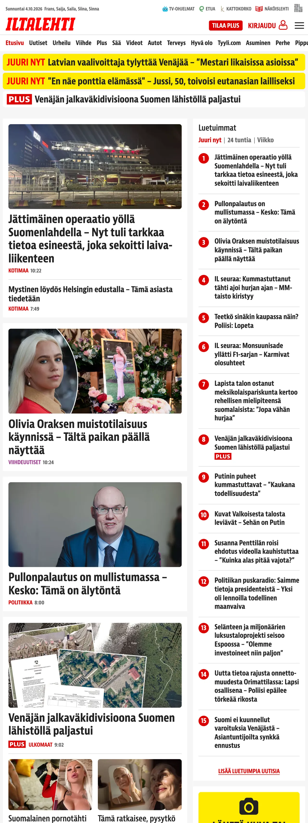 Screenshot of the Iltalehti front page