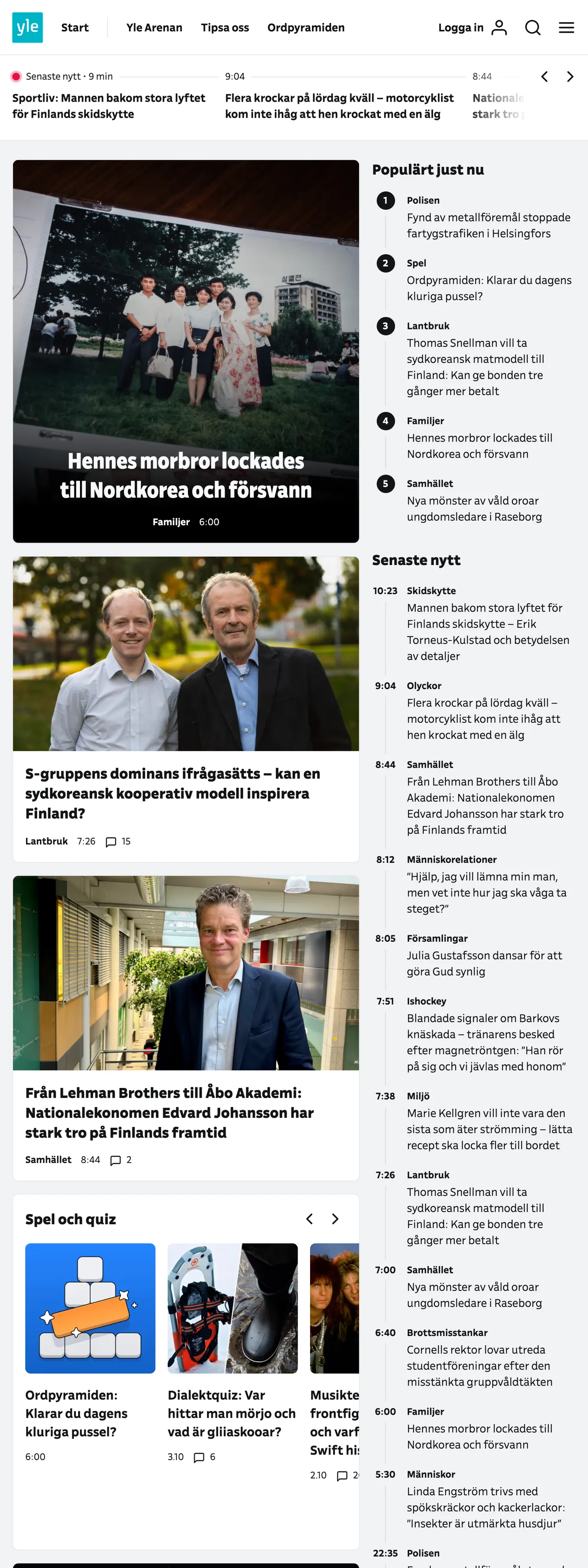 Screenshot of the Svenska Yle front page