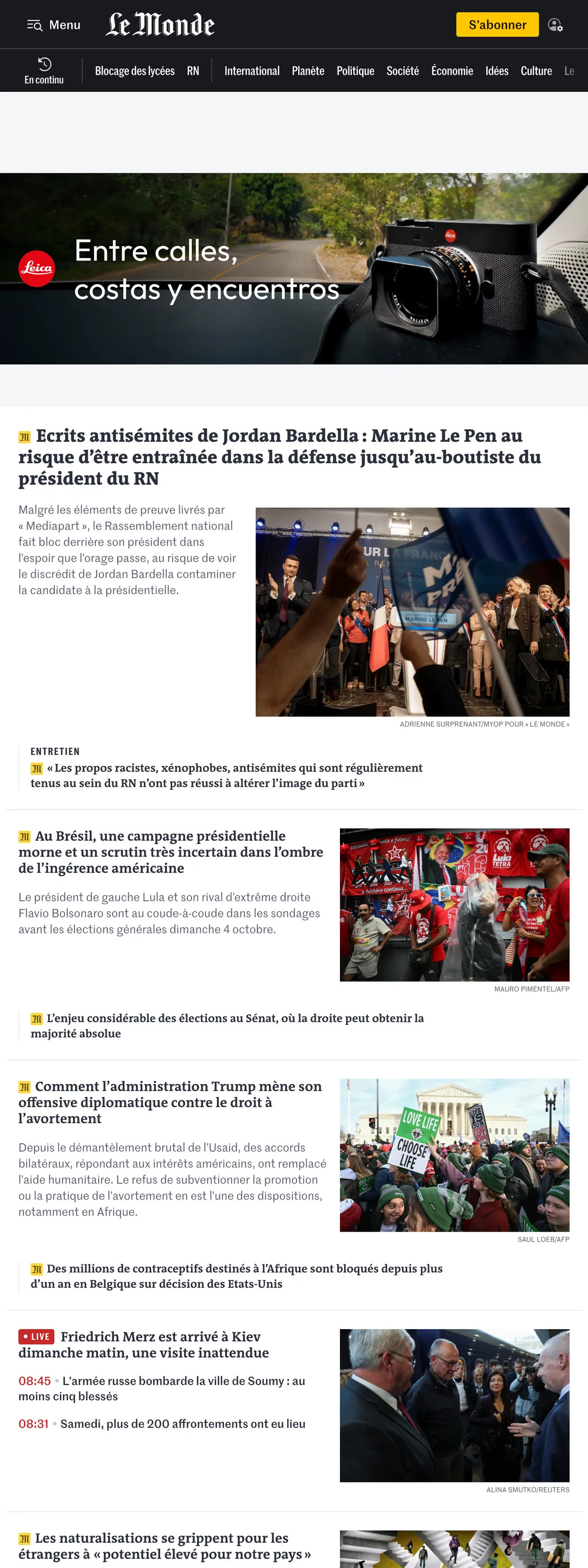 Screenshot of the Le Monde front page