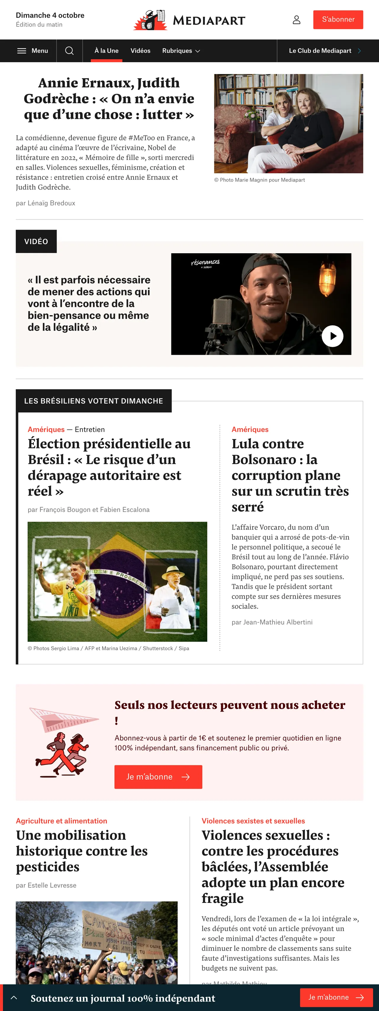 Screenshot of the Mediapart front page
