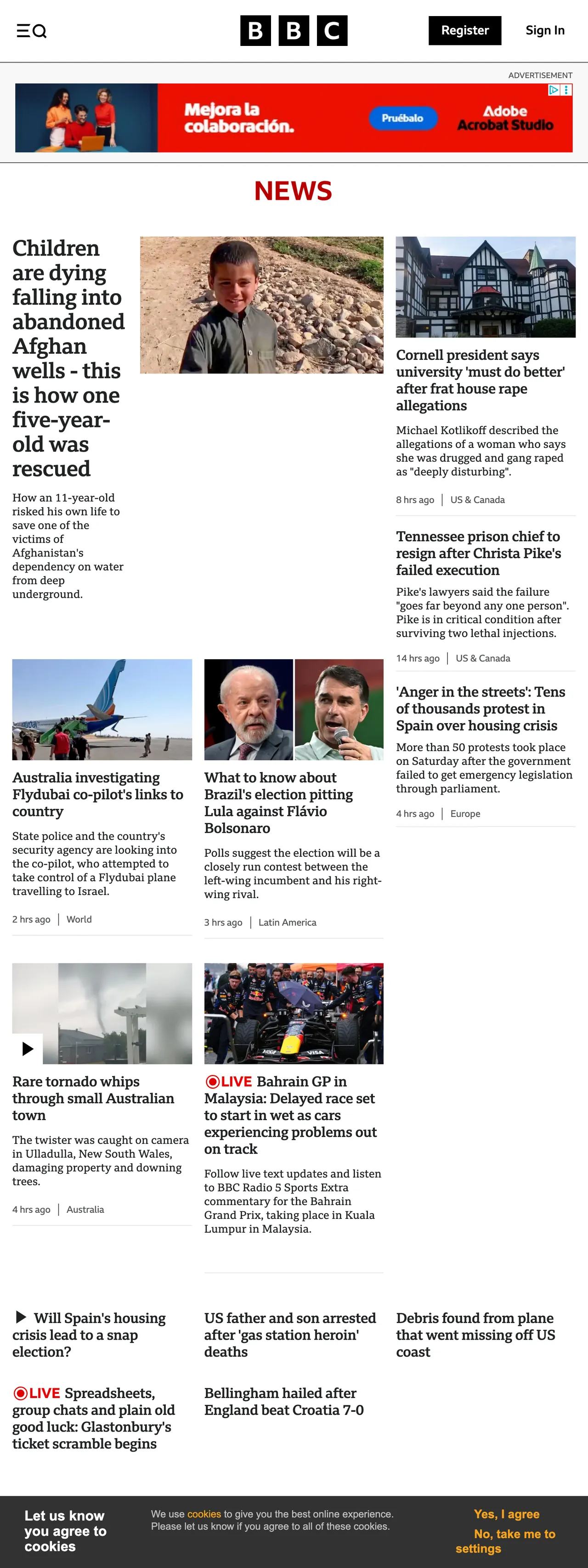 Screenshot of the BBC News front page