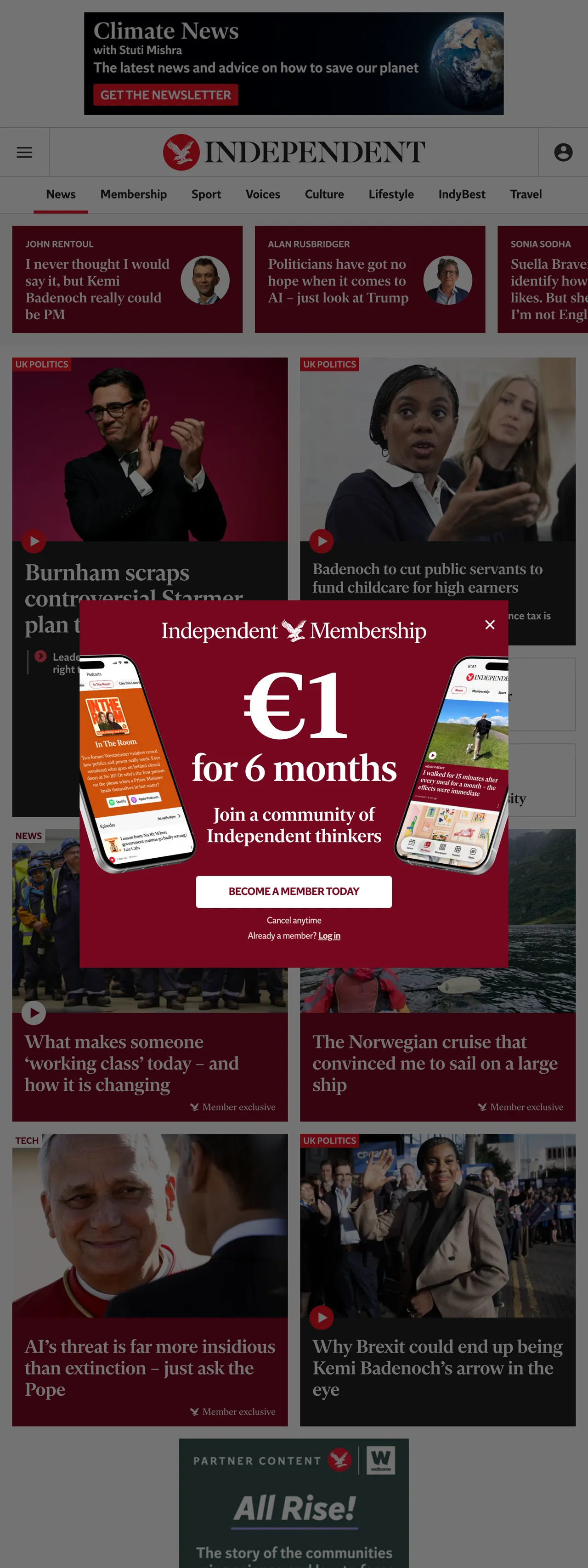 Screenshot of the The Independent front page