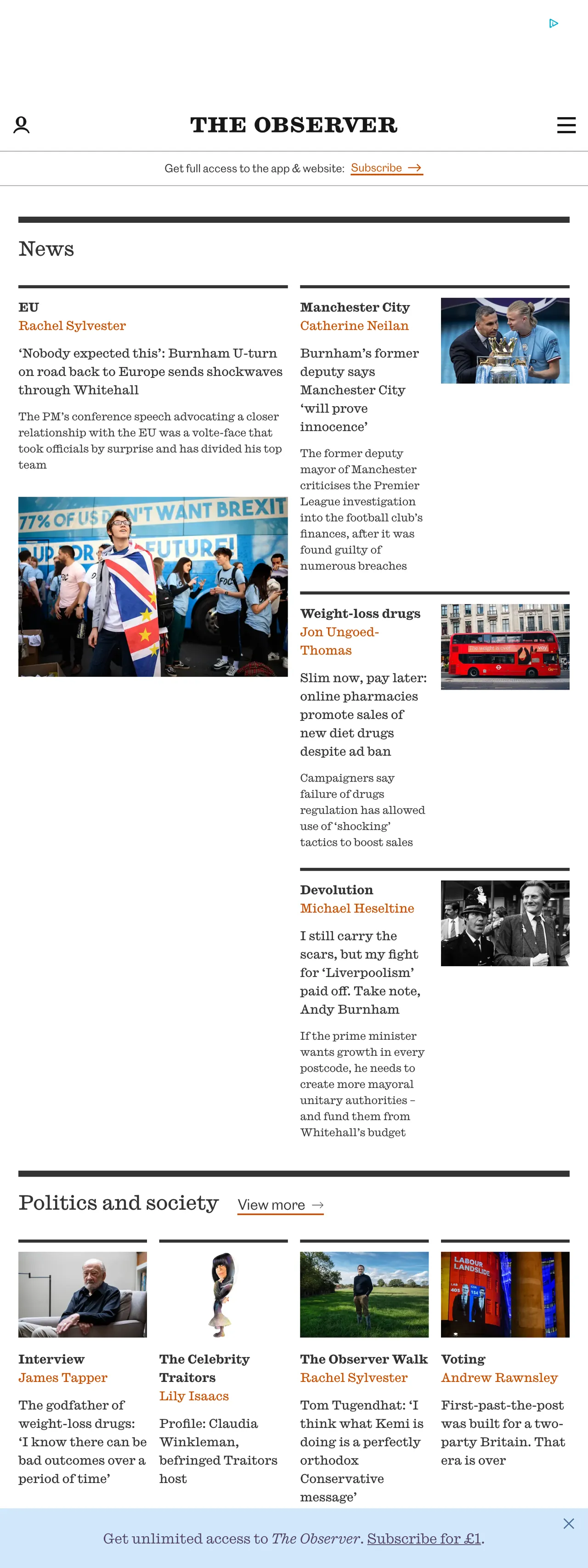Screenshot of the The Observer front page