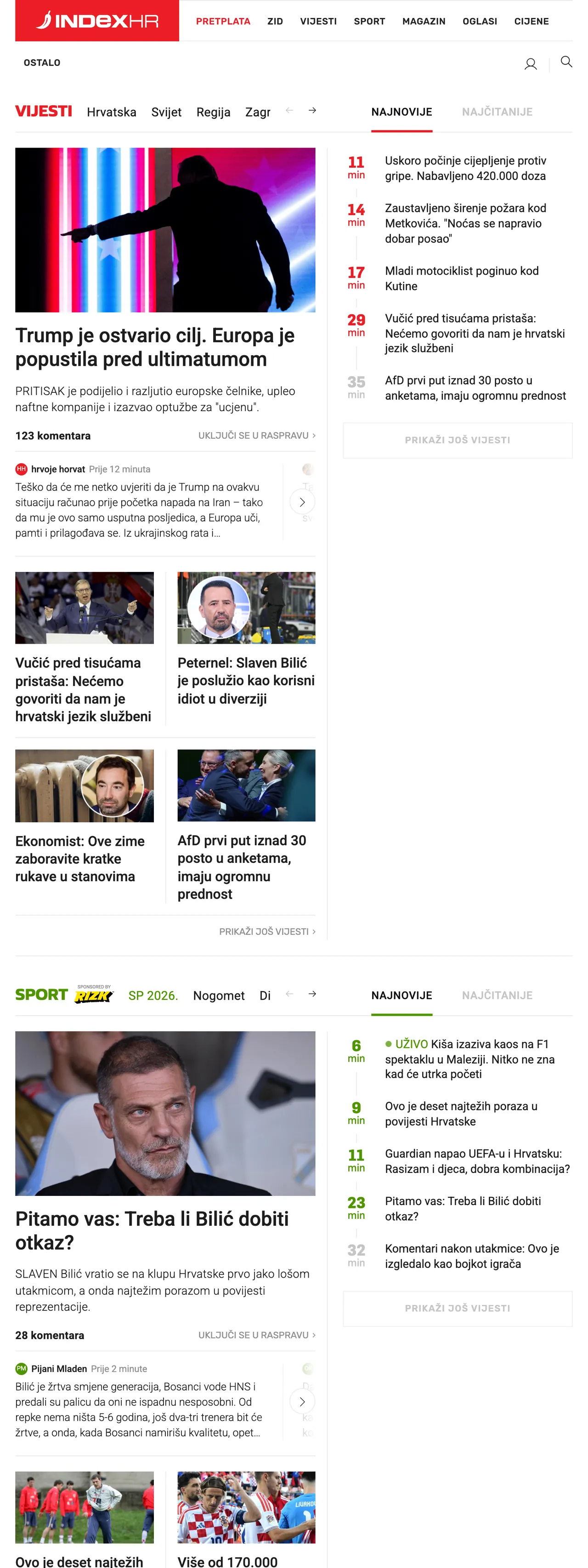 Screenshot of the Index.hr front page