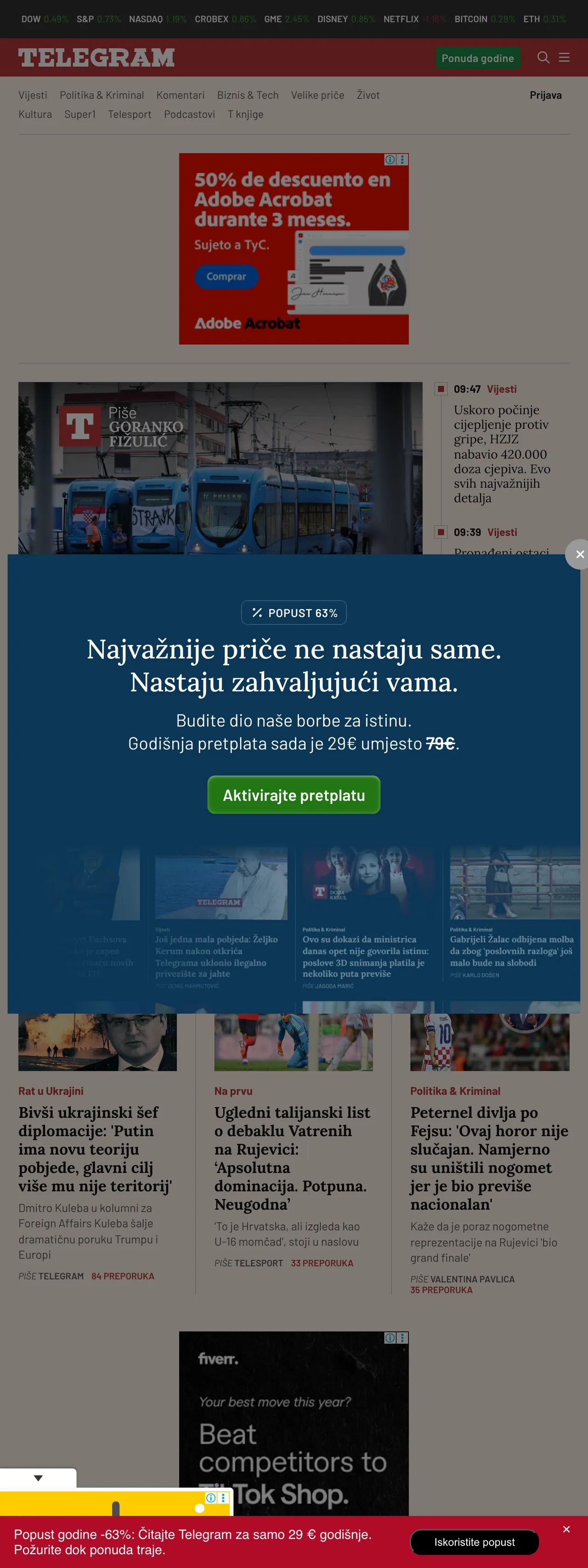 Screenshot of the Telegram.hr front page