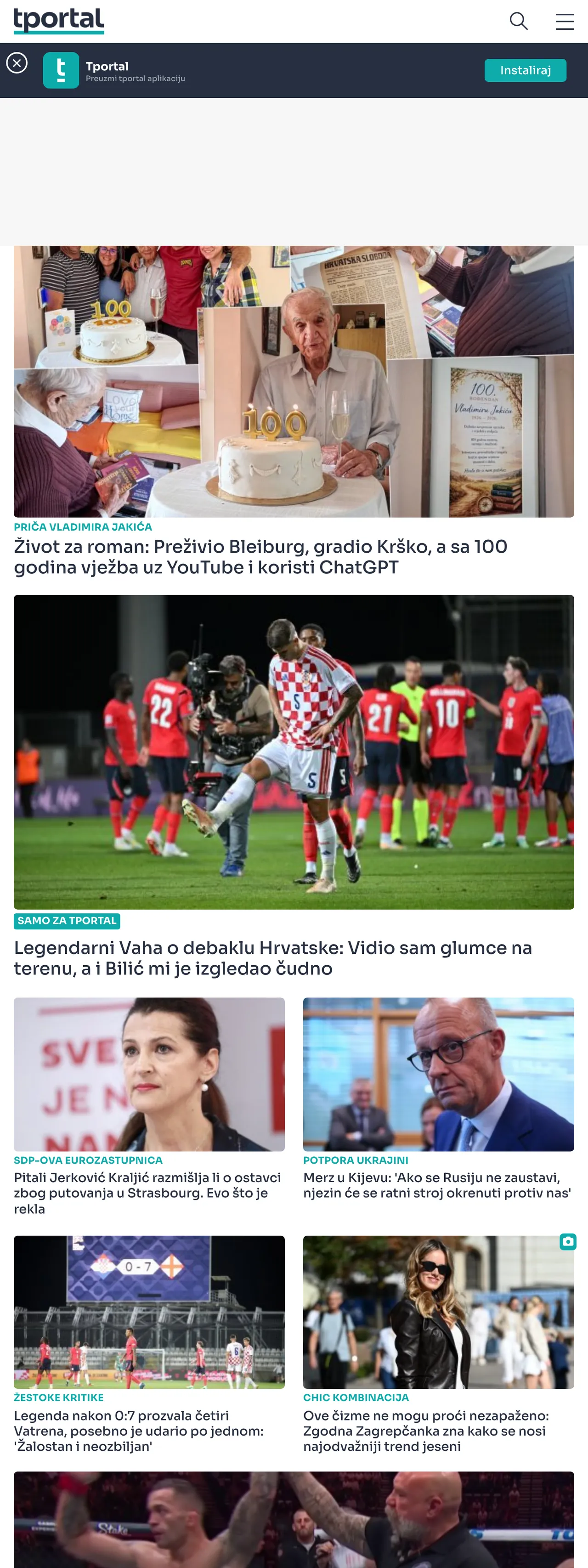 Screenshot of the tportal front page