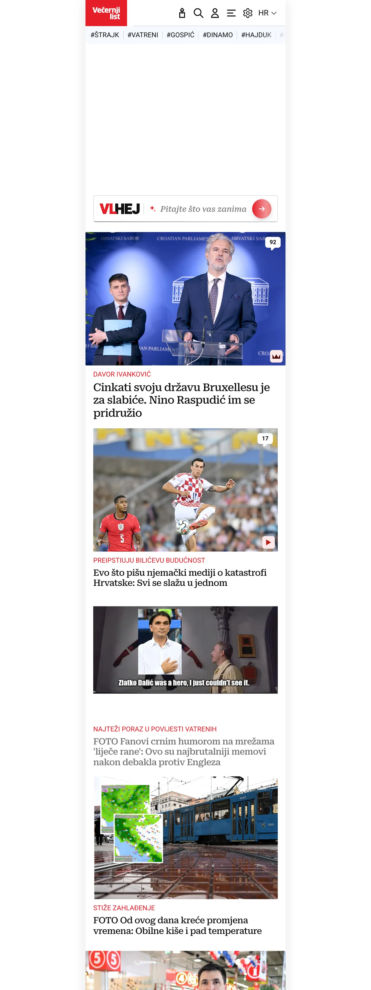 Screenshot of the Večernji list front page