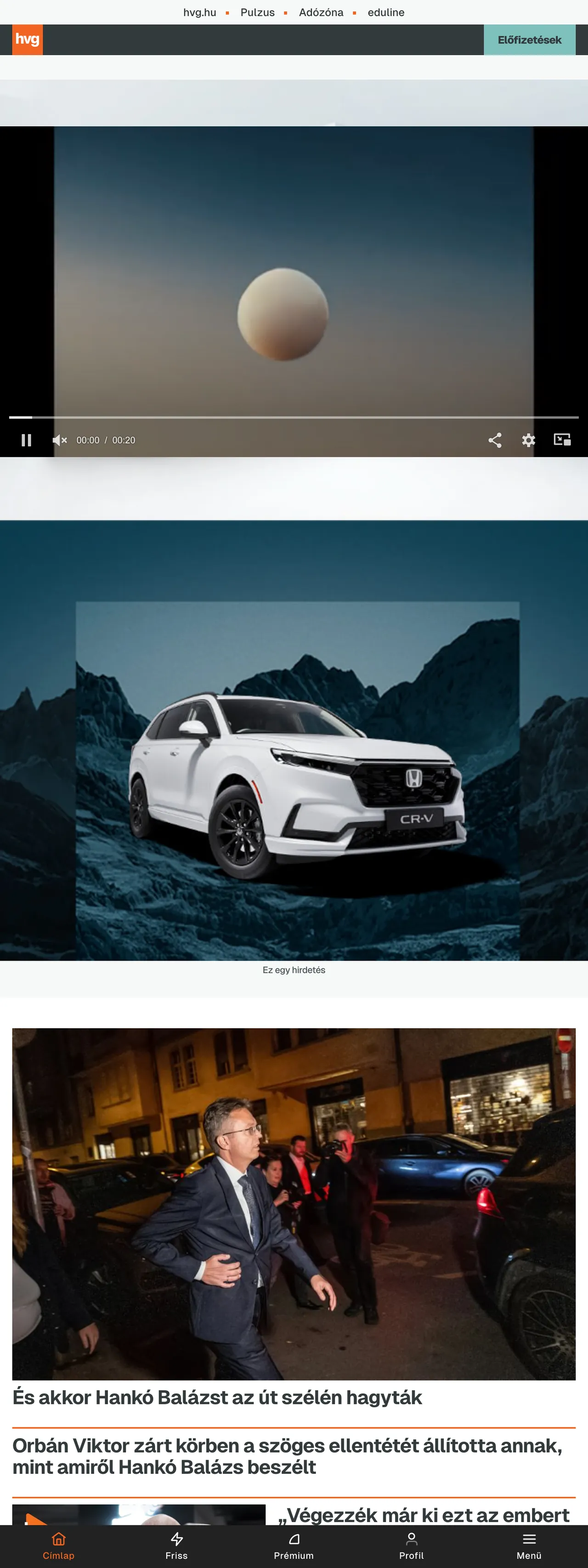 Screenshot of the HVG front page