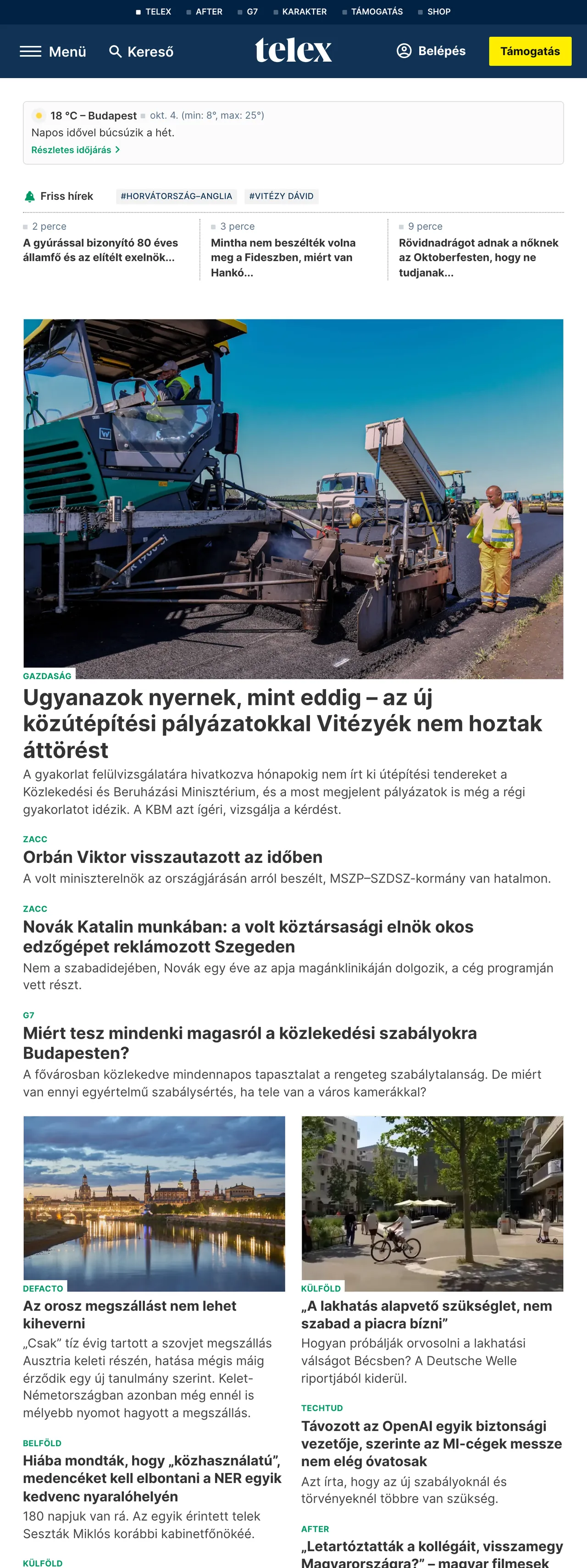 Screenshot of the Telex front page
